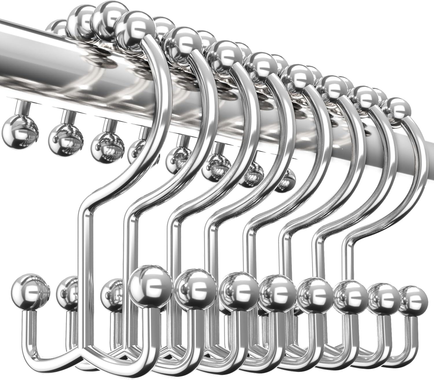 Shower Curtain Hooks Rings 12 Pack, Rust Resistant Double Roller Glide Shower Hooks for Bathroom, Shower Rods and Curtains, Nickel - Image 1