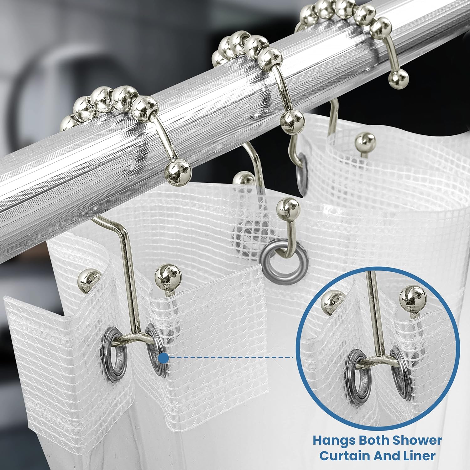 Shower Curtain Hooks Rings 12 Pack, Rust Resistant Double Roller Glide Shower Hooks for Bathroom, Shower Rods and Curtains, Nickel - Image 4