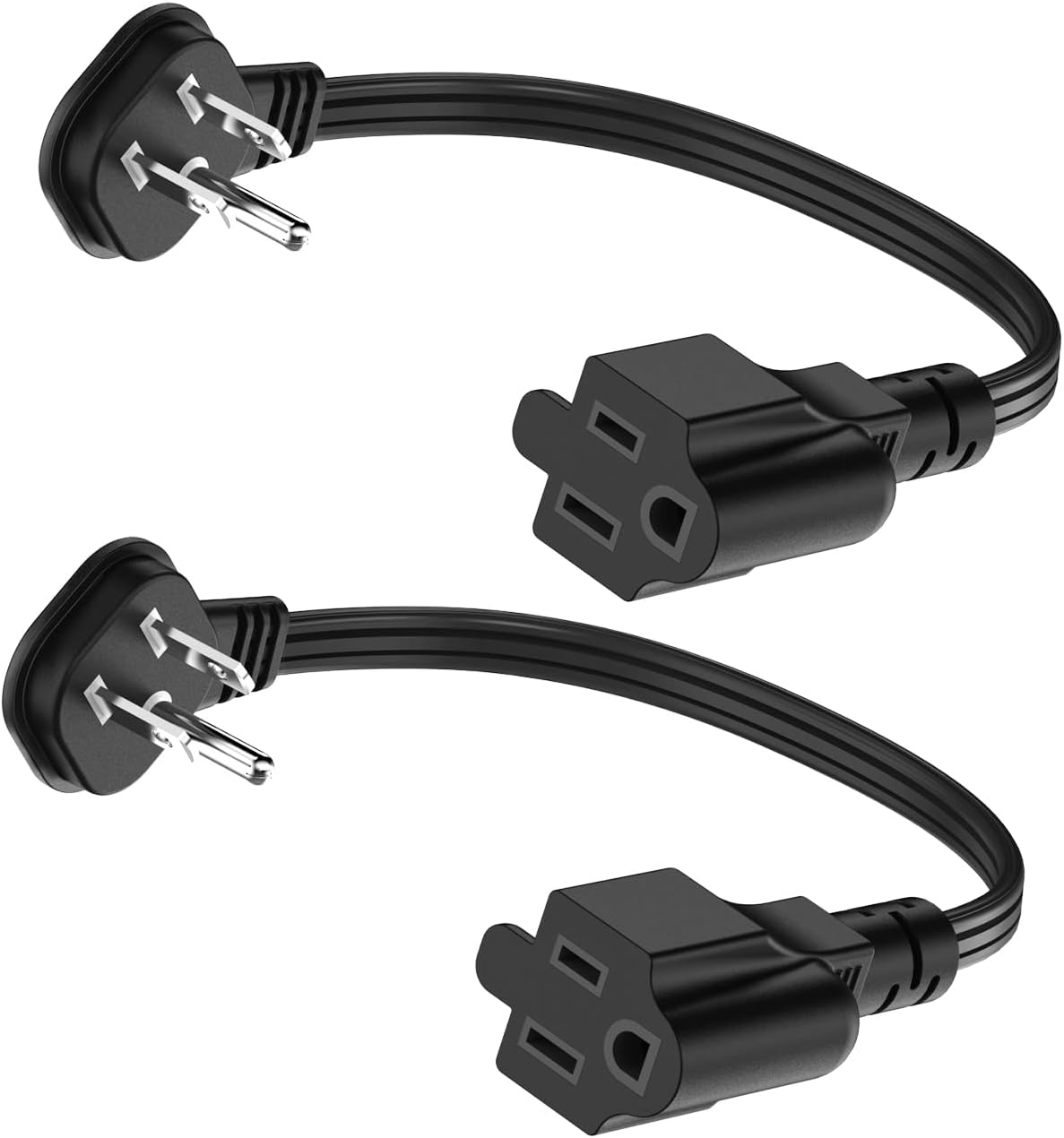 Flat Plug 1Ft Short Extension Cord, 90-Degree Plug Low Profile Power Adapter, 3-Prong Indoor Grounded Small Extension Cord Black 16AWG 13A 1625W 2 Pack - Image 1