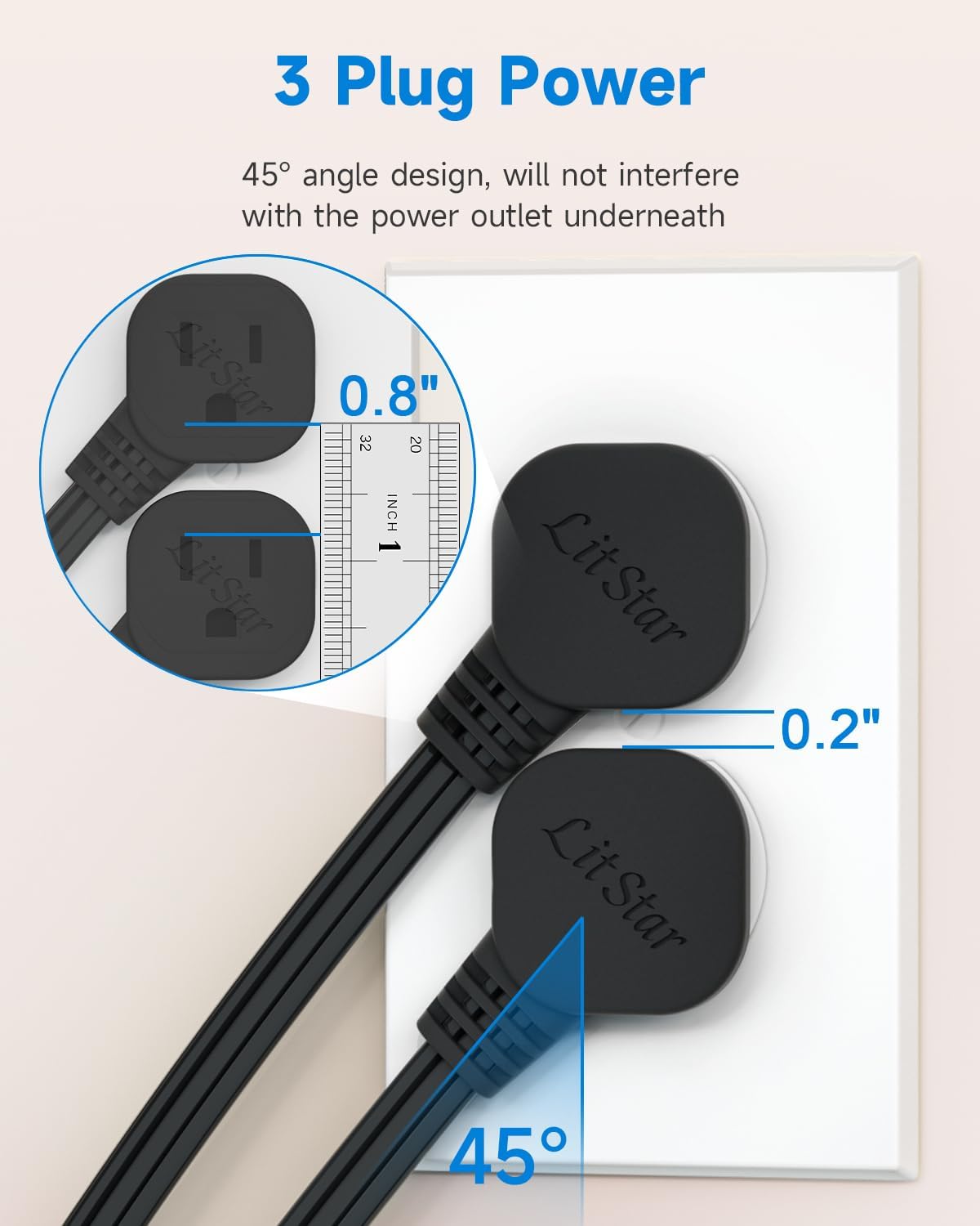 Flat Plug 1Ft Short Extension Cord, 90-Degree Plug Low Profile Power Adapter, 3-Prong Indoor Grounded Small Extension Cord Black 16AWG 13A 1625W 2 Pack - Image 2