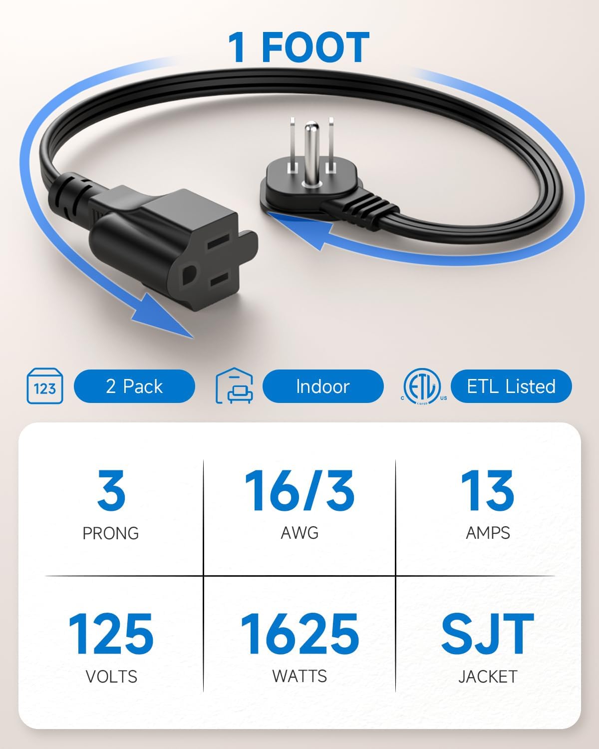 Flat Plug 1Ft Short Extension Cord, 90-Degree Plug Low Profile Power Adapter, 3-Prong Indoor Grounded Small Extension Cord Black 16AWG 13A 1625W 2 Pack - Image 3