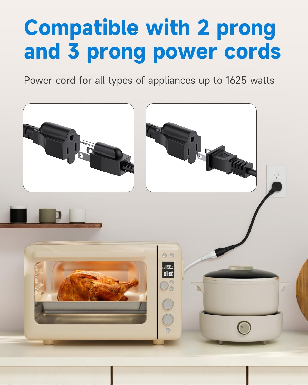Flat Plug 1Ft Short Extension Cord, 90-Degree Plug Low Profile Power Adapter, 3-Prong Indoor Grounded Small Extension Cord Black 16AWG 13A 1625W 2 Pack - Image 6