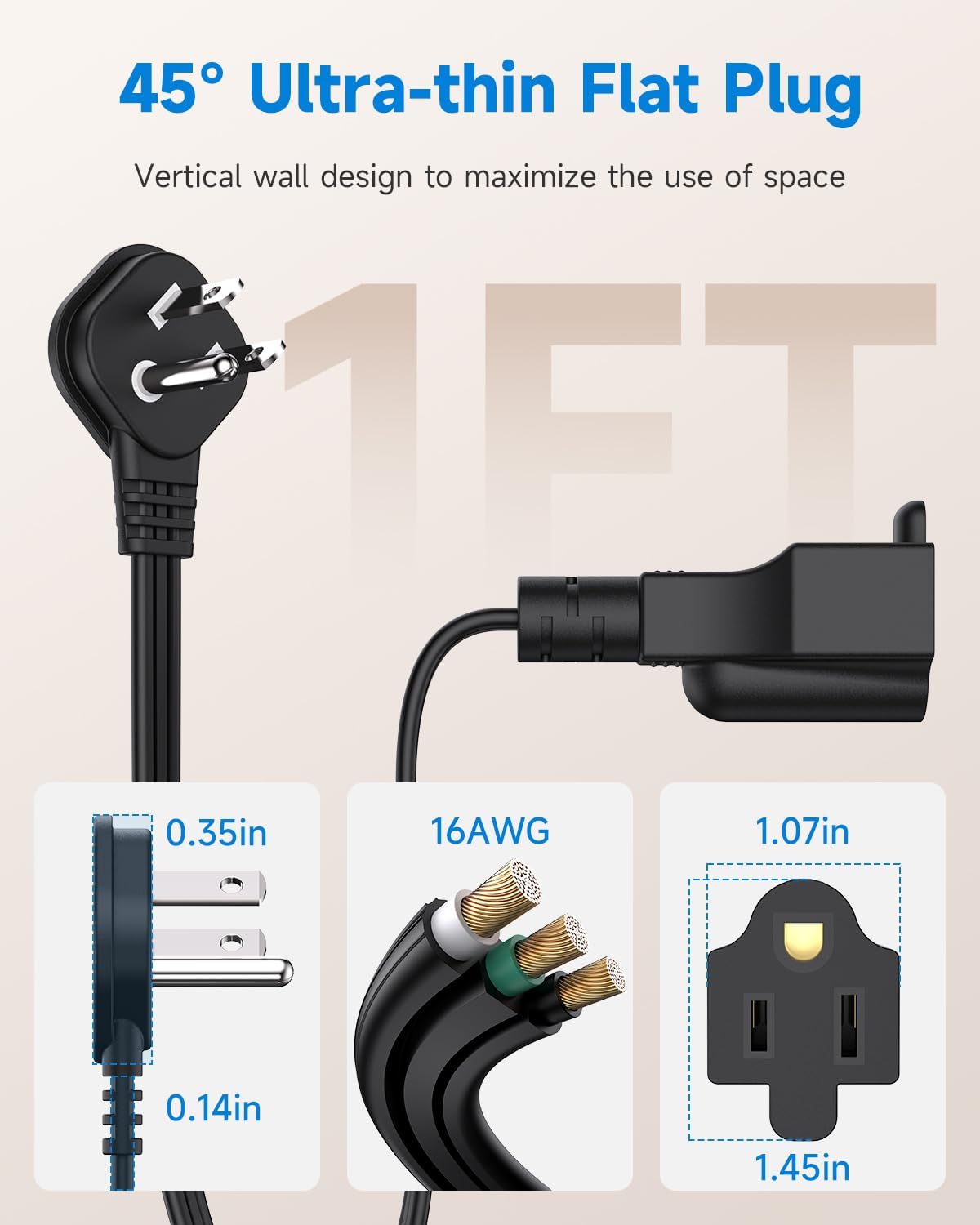 Flat Plug 1Ft Short Extension Cord, 90-Degree Plug Low Profile Power Adapter, 3-Prong Indoor Grounded Small Extension Cord Black 16AWG 13A 1625W 2 Pack - Image 7