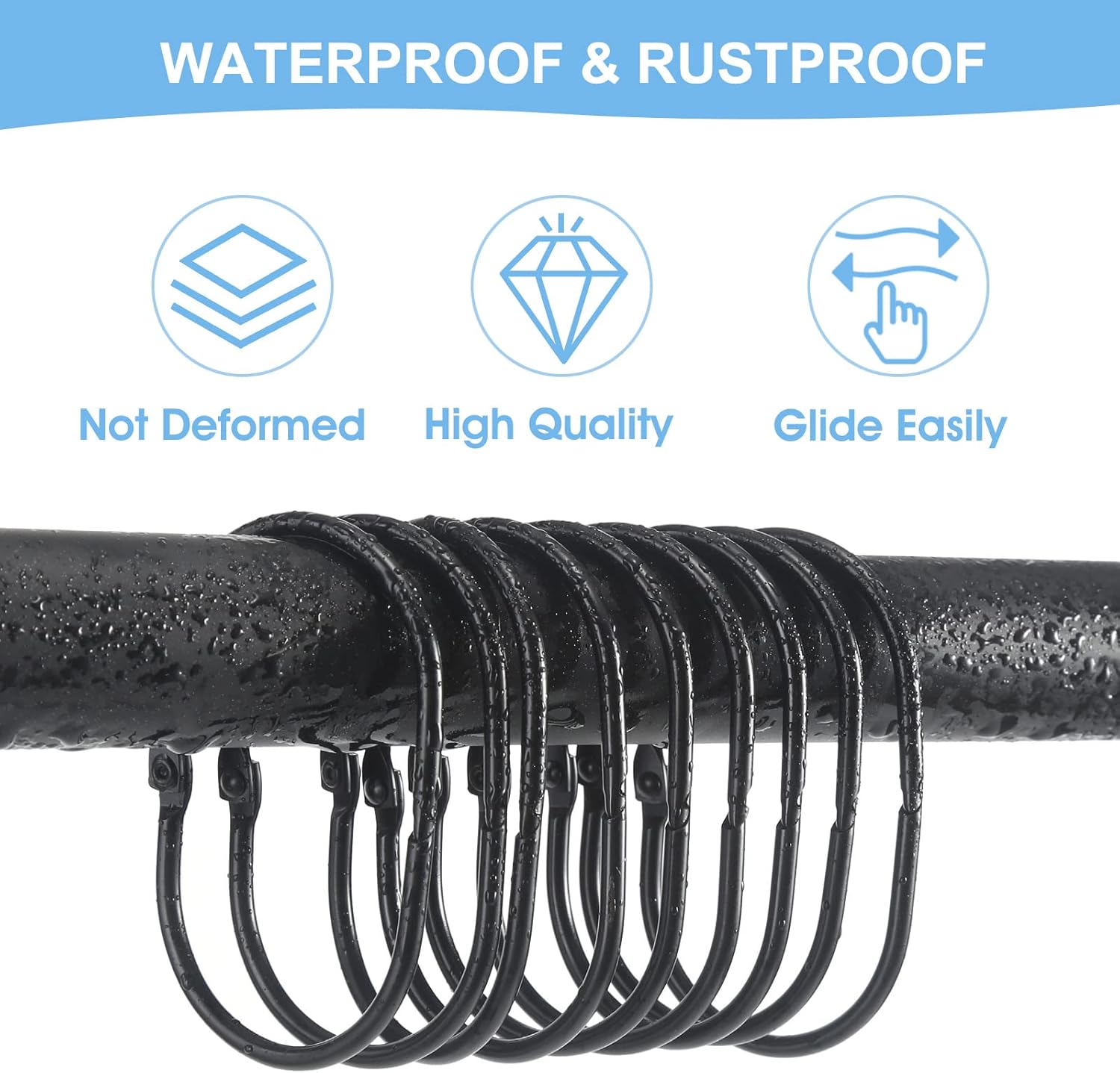 Shower Curtain Rings, 12 Pcs Shower Curtain Hooks, Oval Snap Shower Rings for Curtain, Metal Black Shower Curtain Rings Rust Proof, Glide Smoothly Shower Hooks for Shower Curtain Rod (Black) - Image 3
