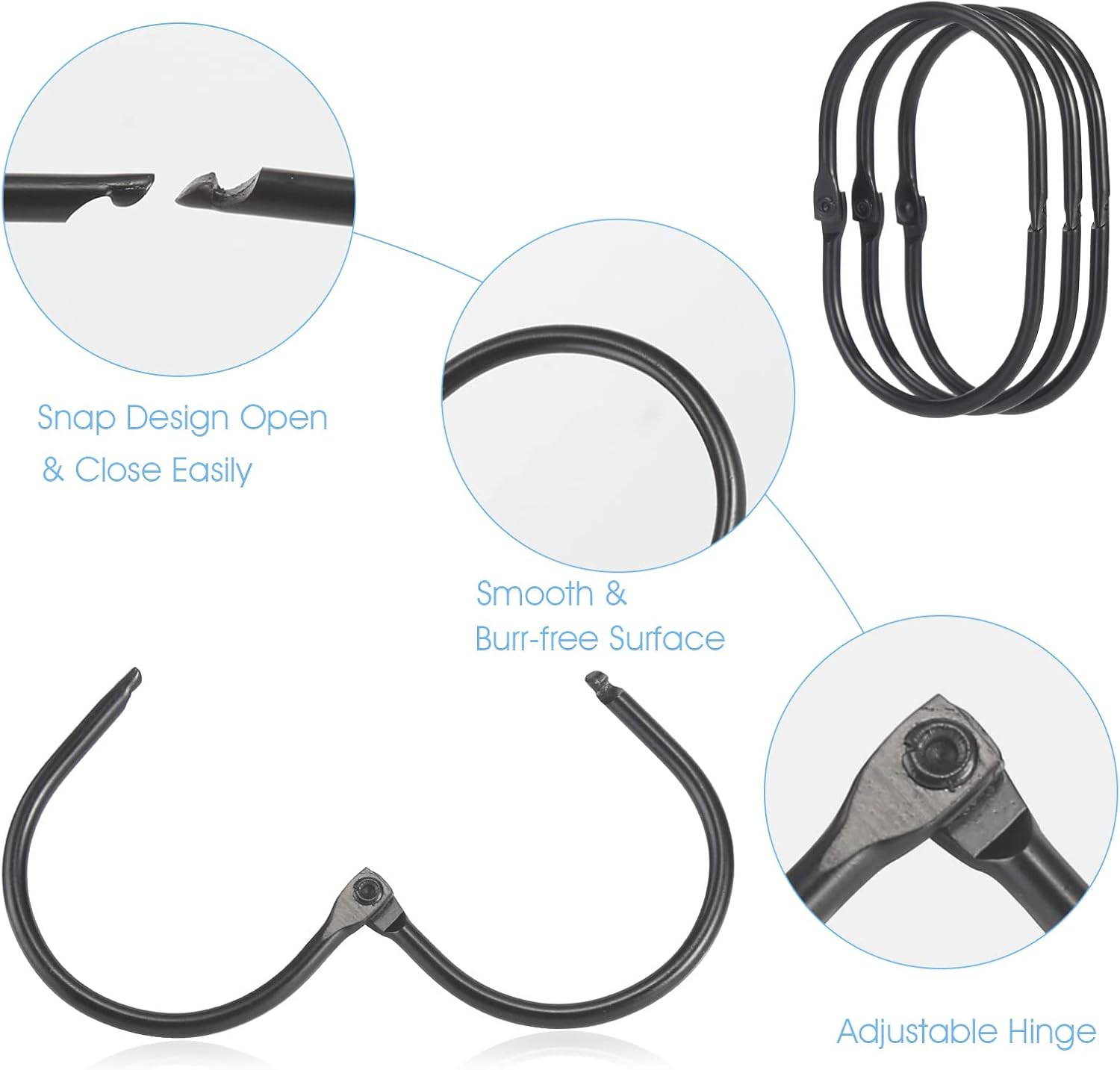 Shower Curtain Rings, 12 Pcs Shower Curtain Hooks, Oval Snap Shower Rings for Curtain, Metal Black Shower Curtain Rings Rust Proof, Glide Smoothly Shower Hooks for Shower Curtain Rod (Black) - Image 4