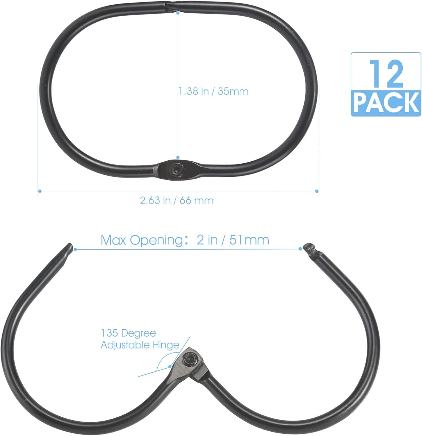 Shower Curtain Rings, 12 Pcs Shower Curtain Hooks, Oval Snap Shower Rings for Curtain, Metal Black Shower Curtain Rings Rust Proof, Glide Smoothly Shower Hooks for Shower Curtain Rod (Black) - Image 5