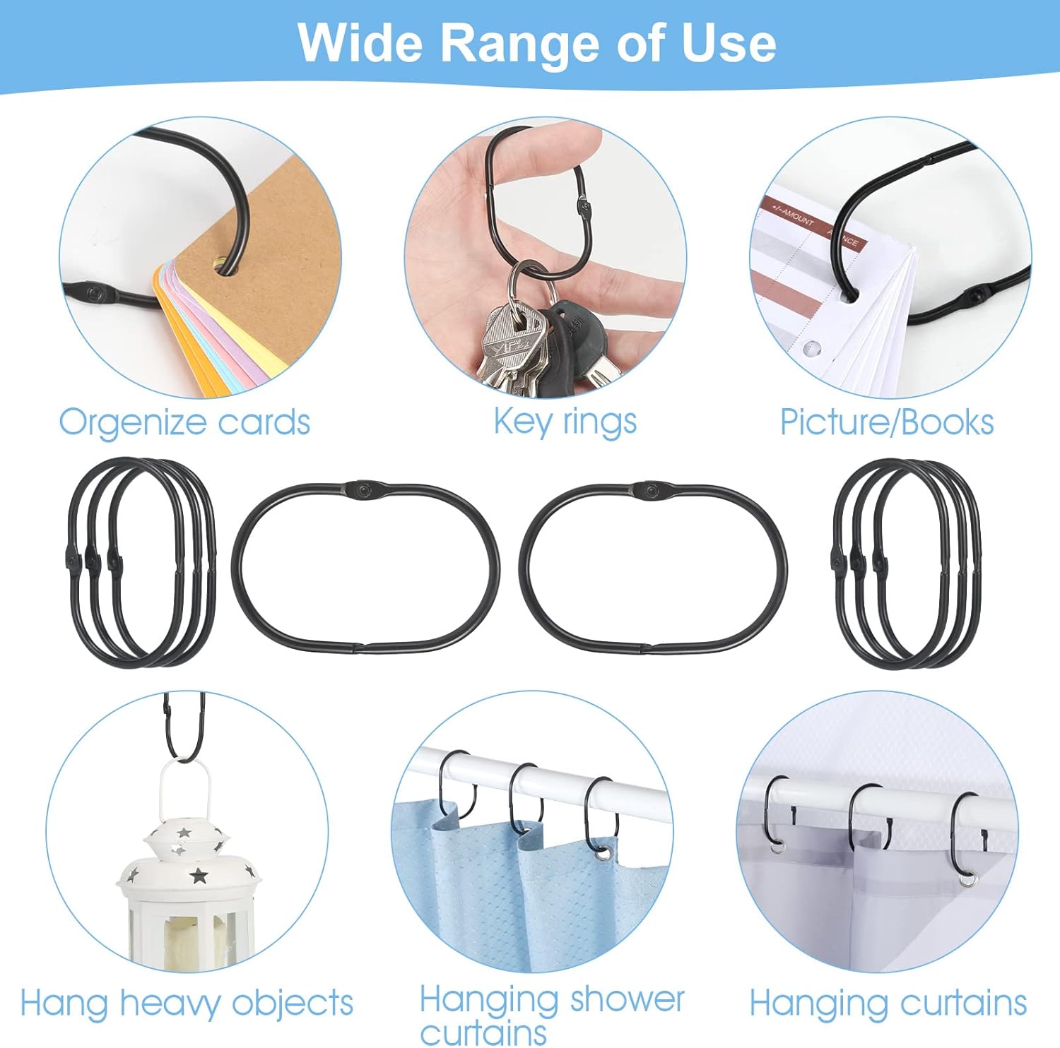 Shower Curtain Rings, 12 Pcs Shower Curtain Hooks, Oval Snap Shower Rings for Curtain, Metal Black Shower Curtain Rings Rust Proof, Glide Smoothly Shower Hooks for Shower Curtain Rod (Black) - Image 6