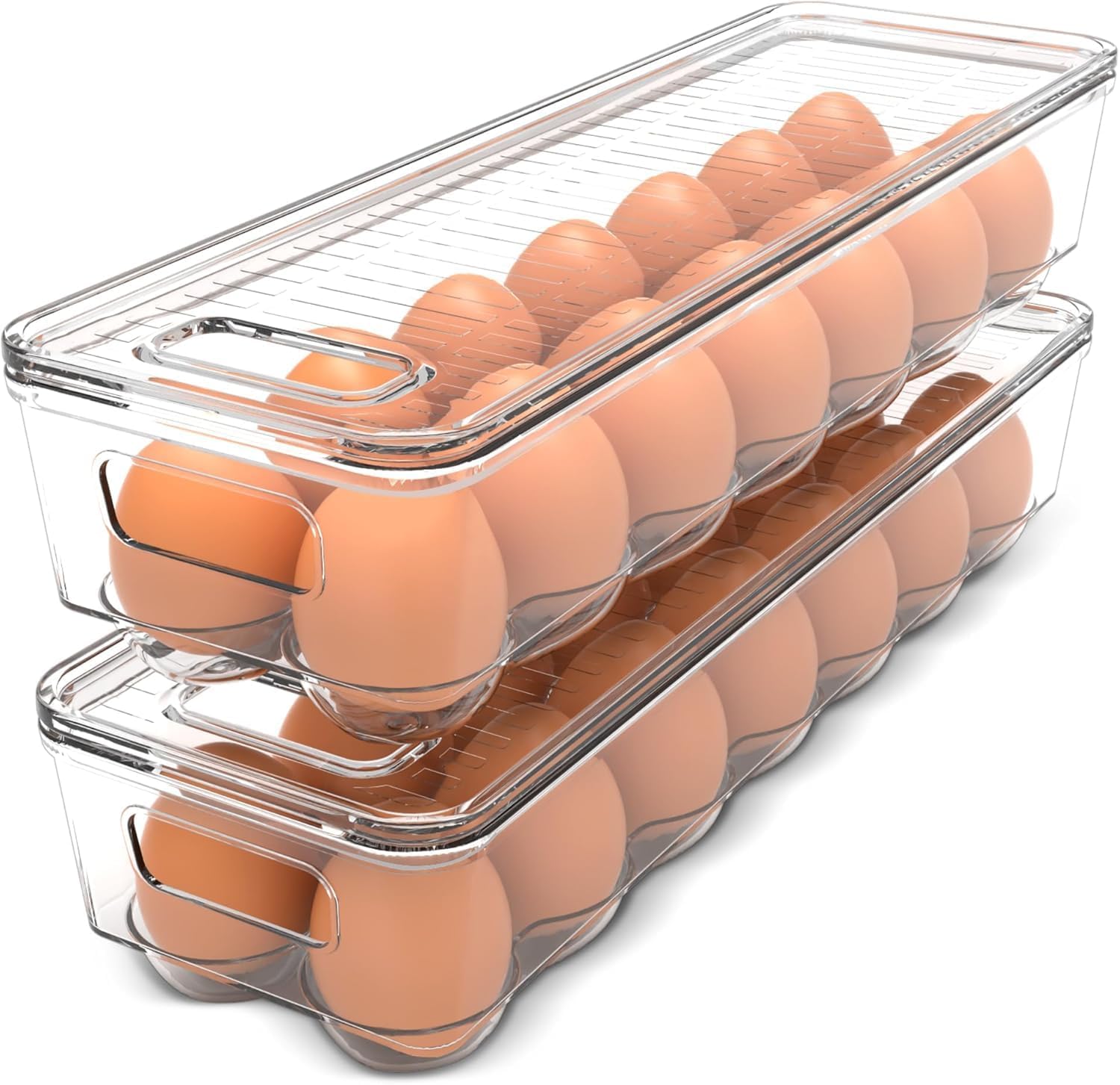 Pack of 2 - Egg Basket for fridge - Egg Holder for Fridge - 14 Egg Container With Lid & Handle, Egg Container For Refrigerator, Stackable Plastic Egg Tray with Lids (Clear) - Image 1