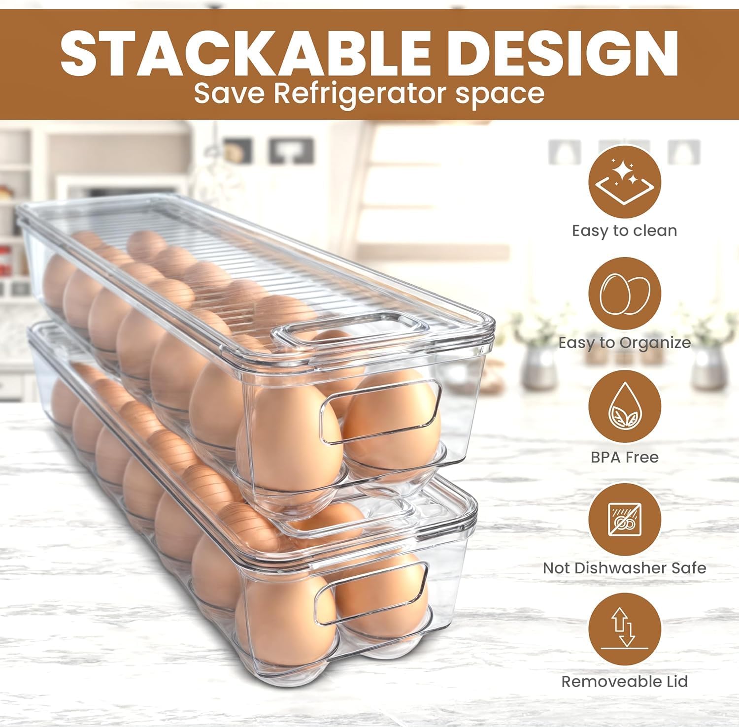 Pack of 2 - Egg Basket for fridge - Egg Holder for Fridge - 14 Egg Container With Lid & Handle, Egg Container For Refrigerator, Stackable Plastic Egg Tray with Lids (Clear) - Image 4