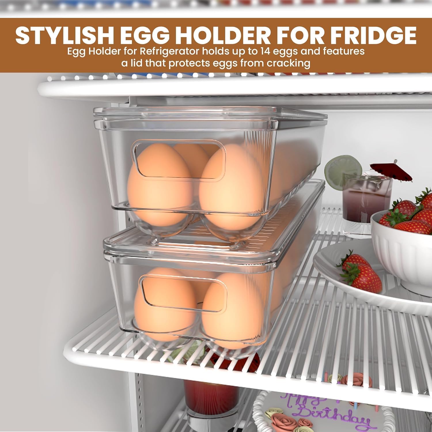Pack of 2 - Egg Basket for fridge - Egg Holder for Fridge - 14 Egg Container With Lid & Handle, Egg Container For Refrigerator, Stackable Plastic Egg Tray with Lids (Clear) - Image 5