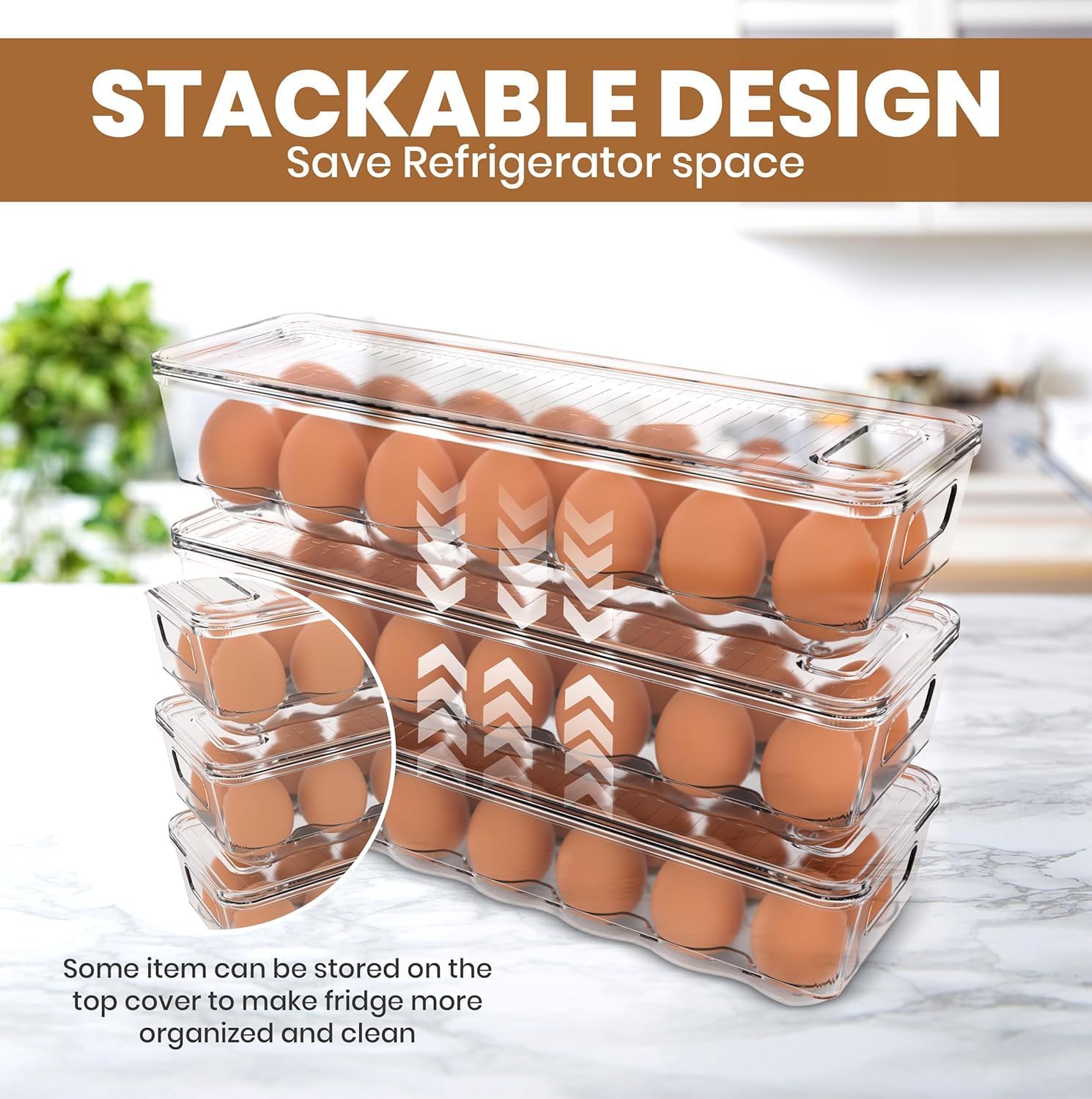 Pack of 2 - Egg Basket for fridge - Egg Holder for Fridge - 14 Egg Container With Lid & Handle, Egg Container For Refrigerator, Stackable Plastic Egg Tray with Lids (Clear) - Image 6