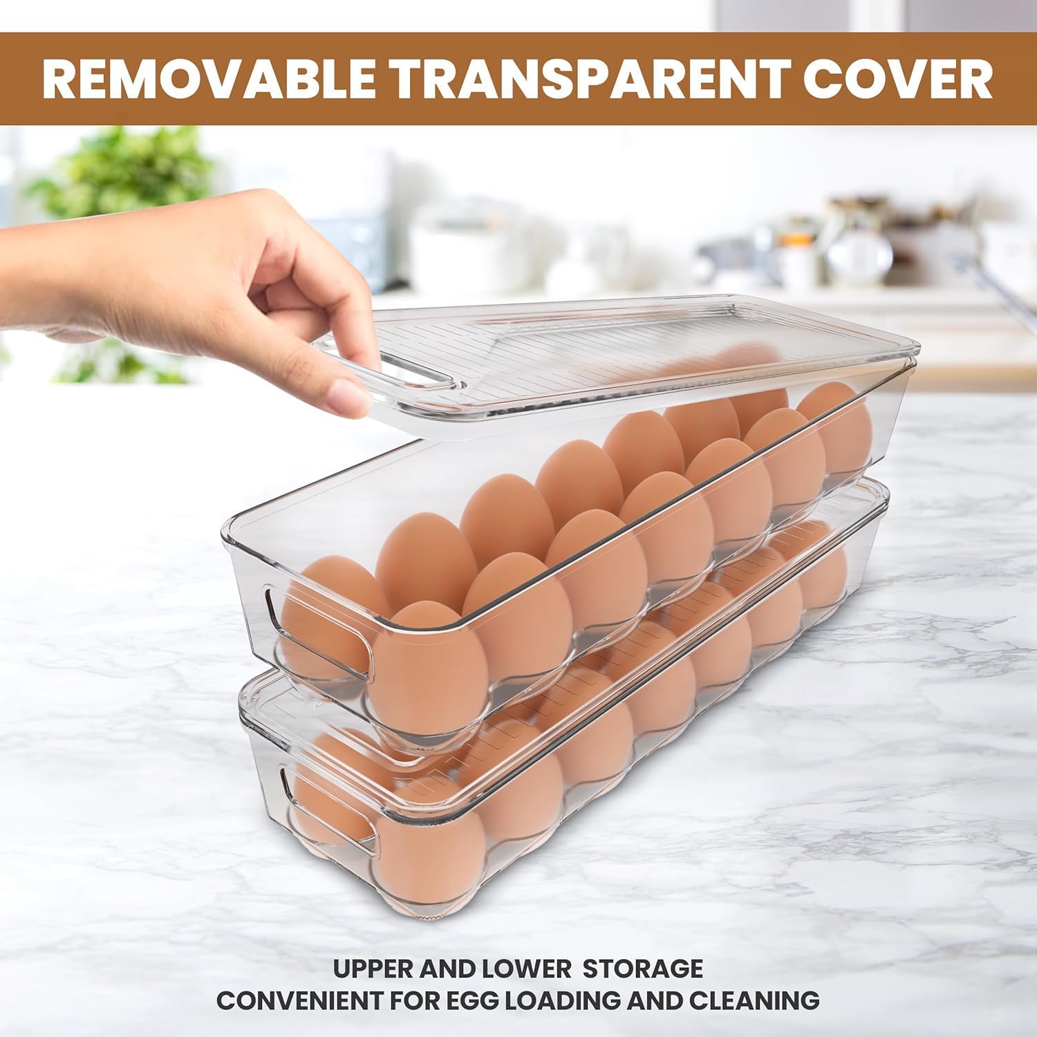 Pack of 2 - Egg Basket for fridge - Egg Holder for Fridge - 14 Egg Container With Lid & Handle, Egg Container For Refrigerator, Stackable Plastic Egg Tray with Lids (Clear) - Image 7
