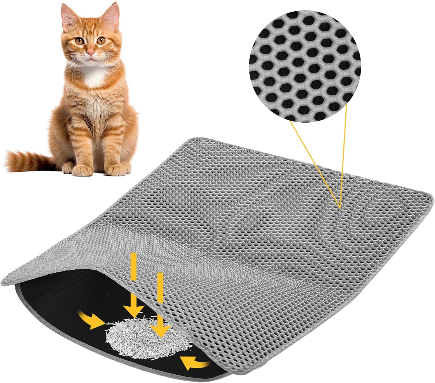 Cat Litter Mat ，60x45cm Double-Layer Honeycomb Design, Waterproof & Urine-Proof, Traps Litter to Keep Floors Clean(Gray) - Image 1