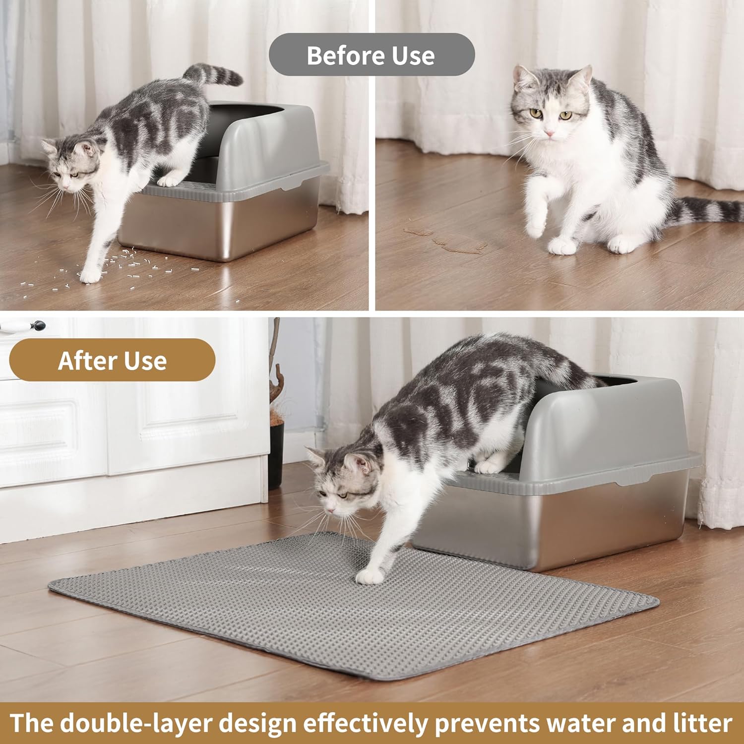 Cat Litter Mat ，60x45cm Double-Layer Honeycomb Design, Waterproof & Urine-Proof, Traps Litter to Keep Floors Clean(Gray) - Image 3