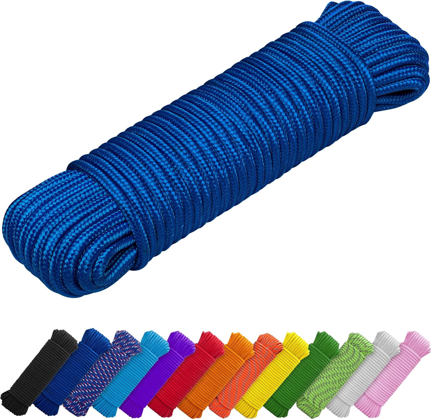 Rope – 90 Feet x 1/4 Inch (7mm) – Blue – Strong All-Purpose Utility Rope – Camping, Crafting, Flag Pole, Indoor & Outdoor – Polypropylene Nylon Poly Lightweight Diamond Braided Cord - Image 1