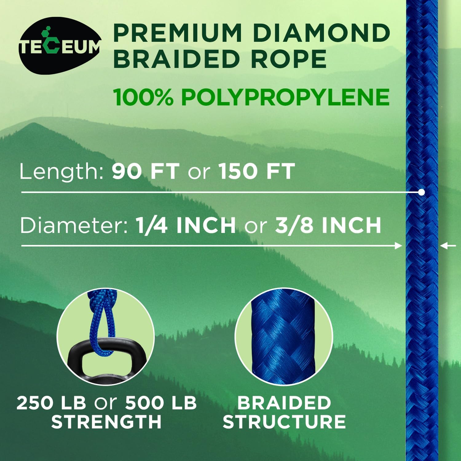 Rope – 90 Feet x 1/4 Inch (7mm) – Blue – Strong All-Purpose Utility Rope – Camping, Crafting, Flag Pole, Indoor & Outdoor – Polypropylene Nylon Poly Lightweight Diamond Braided Cord - Image 2