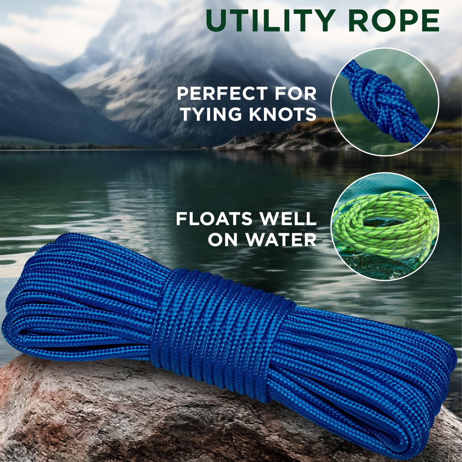 Rope – 90 Feet x 1/4 Inch (7mm) – Blue – Strong All-Purpose Utility Rope – Camping, Crafting, Flag Pole, Indoor & Outdoor – Polypropylene Nylon Poly Lightweight Diamond Braided Cord - Image 3