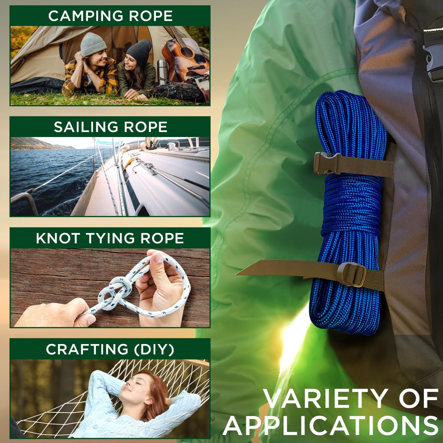 Rope – 90 Feet x 1/4 Inch (7mm) – Blue – Strong All-Purpose Utility Rope – Camping, Crafting, Flag Pole, Indoor & Outdoor – Polypropylene Nylon Poly Lightweight Diamond Braided Cord - Image 5