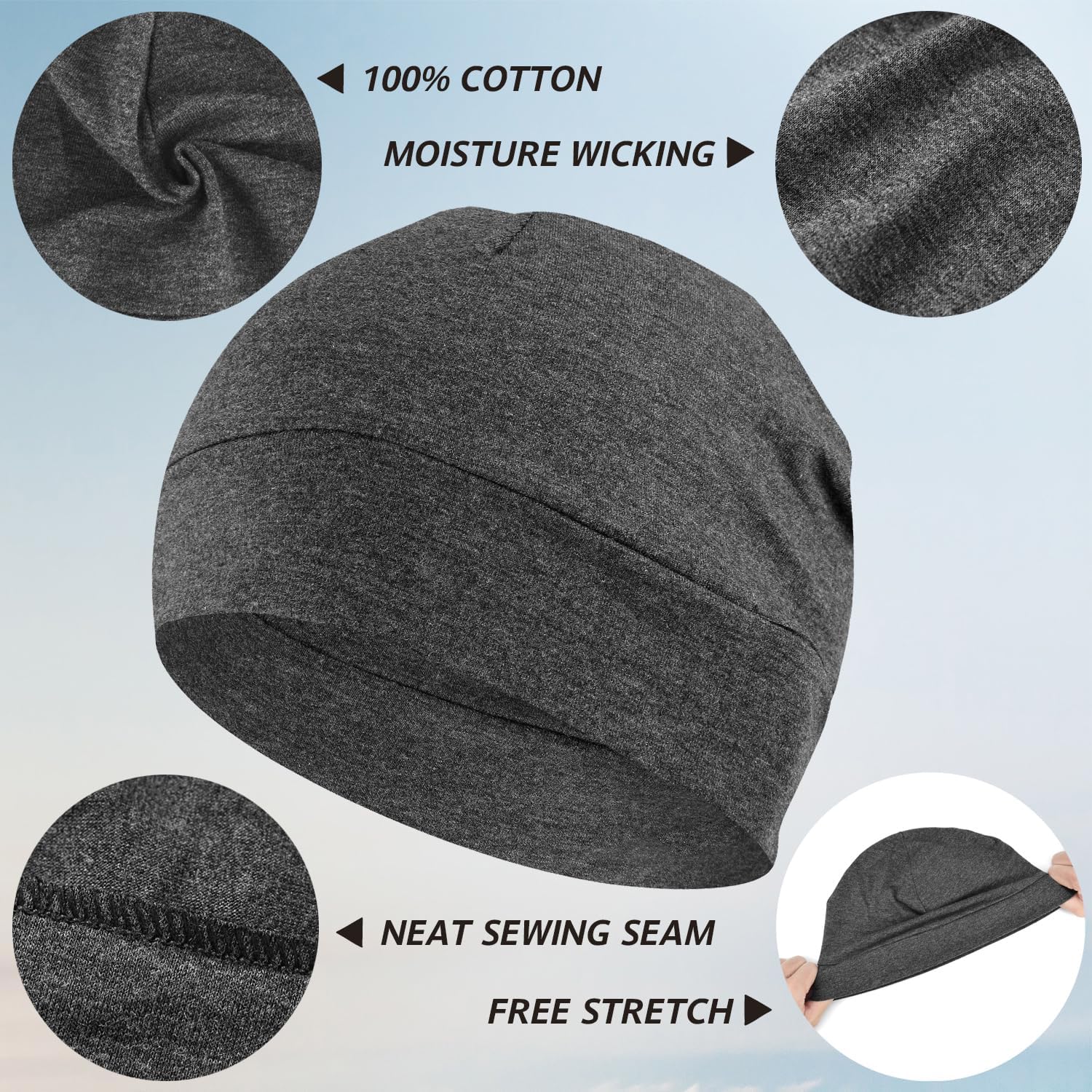 100% Cotton Beanie Hat, 2-Pack Unisex Skull Cap Helmet Liner for Running Cycling Skiing Sleeping Chemo Headwear - Image 2