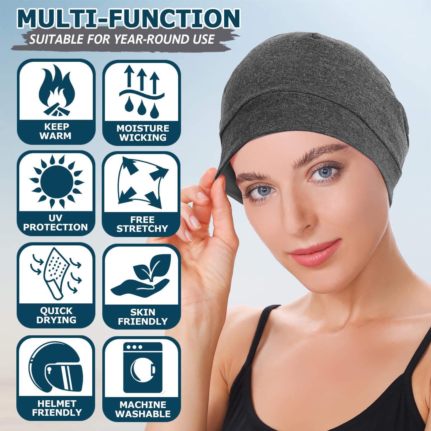 100% Cotton Beanie Hat, 2-Pack Unisex Skull Cap Helmet Liner for Running Cycling Skiing Sleeping Chemo Headwear - Image 4