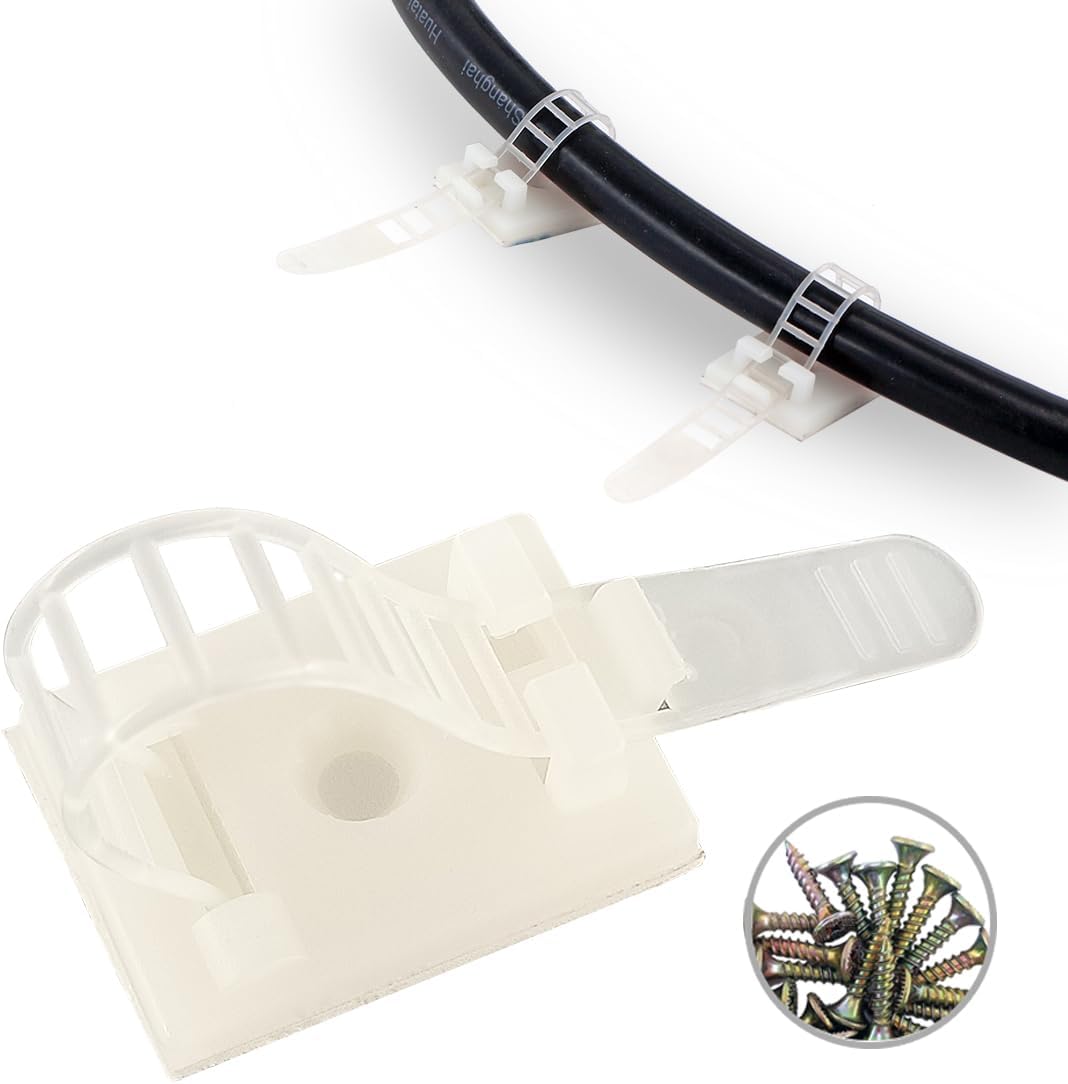 Wire Management Clips Clear (Yellowish) with Screw Hole (50 Pack) Adjustable Zip Ties 3 Inch with 3M Adhesive Tape,Adhesive Clips for Christmas Lights,Desk,Wall to Hold Extension Cord - Image 1
