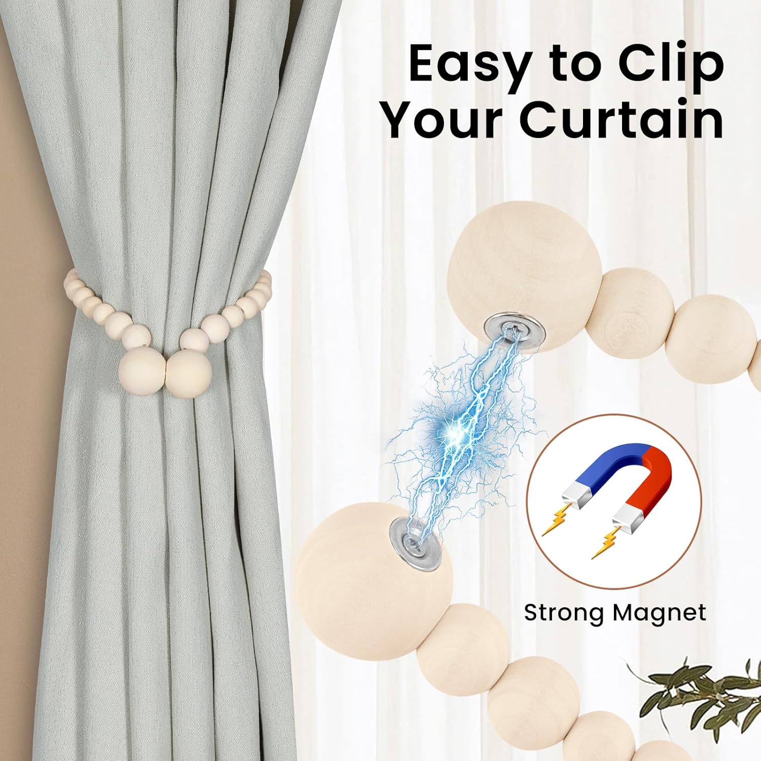 Magnetic Curtain Tiebacks, Curtain Holdbacks for Curtains 2 Pack, Wood Bead Curtain Holders for Boho Bedroom Decor, Baby Nursery Decor, Farmhouse Decor - Image 2