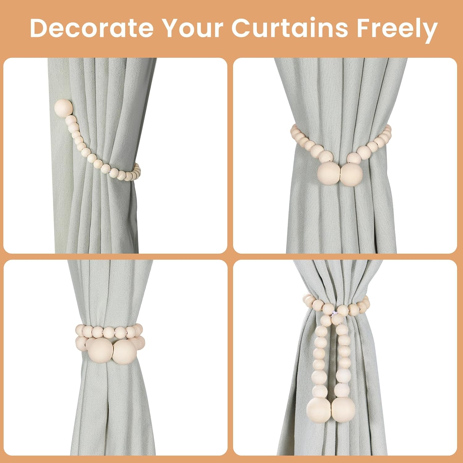 Magnetic Curtain Tiebacks, Curtain Holdbacks for Curtains 2 Pack, Wood Bead Curtain Holders for Boho Bedroom Decor, Baby Nursery Decor, Farmhouse Decor - Image 4