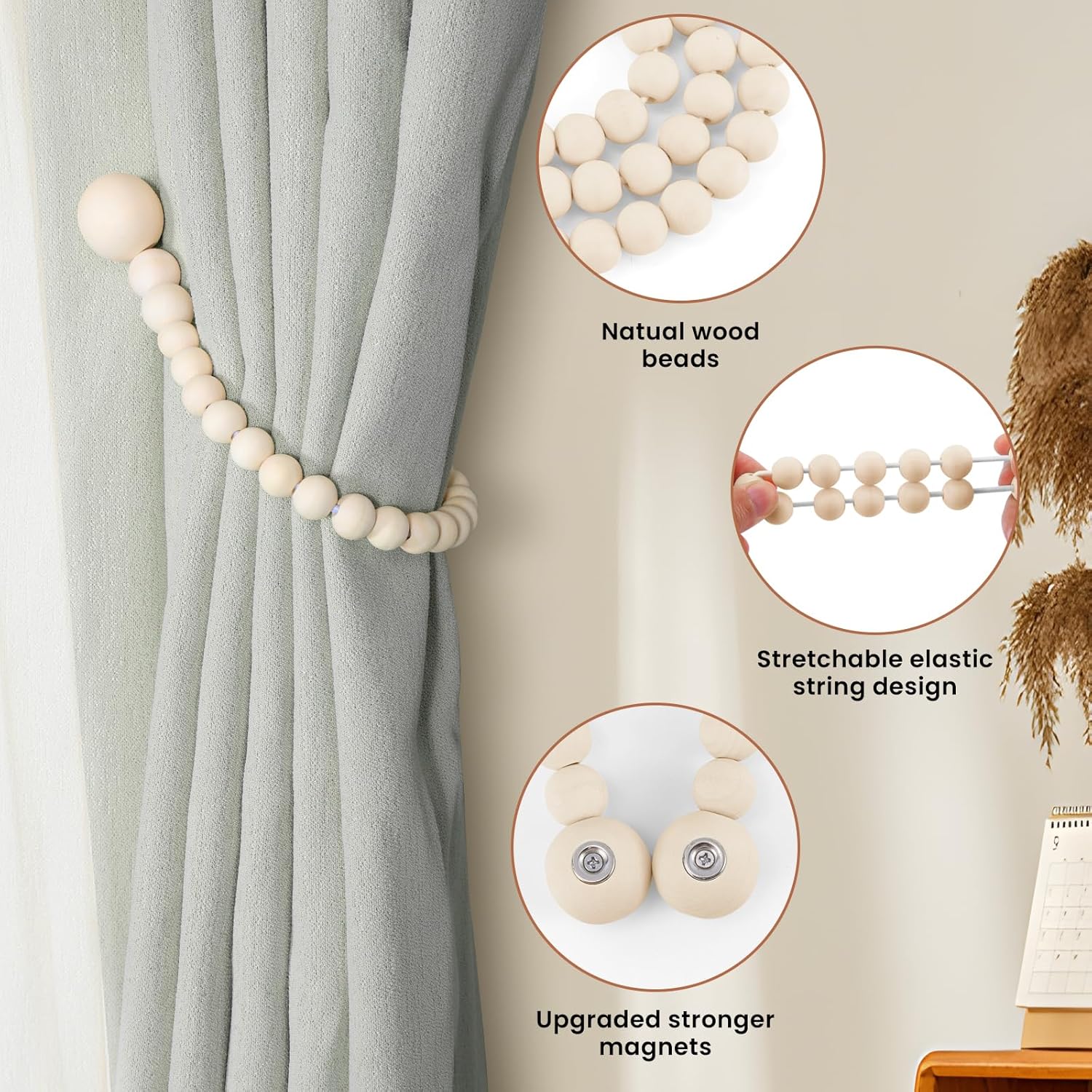 Magnetic Curtain Tiebacks, Curtain Holdbacks for Curtains 2 Pack, Wood Bead Curtain Holders for Boho Bedroom Decor, Baby Nursery Decor, Farmhouse Decor - Image 5