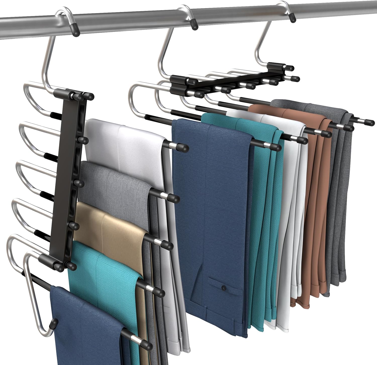 2 Pack Pants Hangers Space Saving - Clothes Hanger with Stainless Steel Hook & Anti-Slip Design - Closet Organizer for Jeans, Trousers, Skirts, Scarf & Slacks (Black) - Image 1
