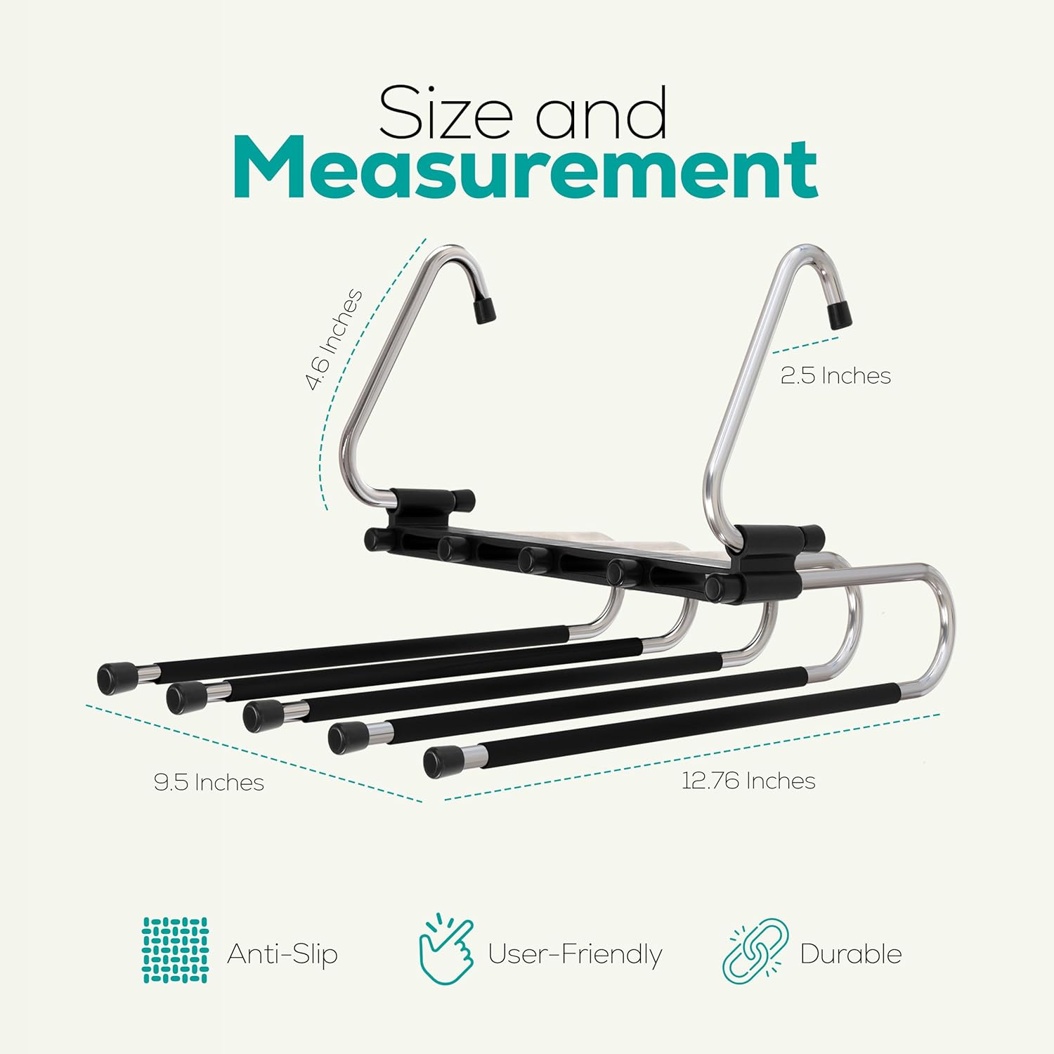 2 Pack Pants Hangers Space Saving - Clothes Hanger with Stainless Steel Hook & Anti-Slip Design - Closet Organizer for Jeans, Trousers, Skirts, Scarf & Slacks (Black) - Image 2