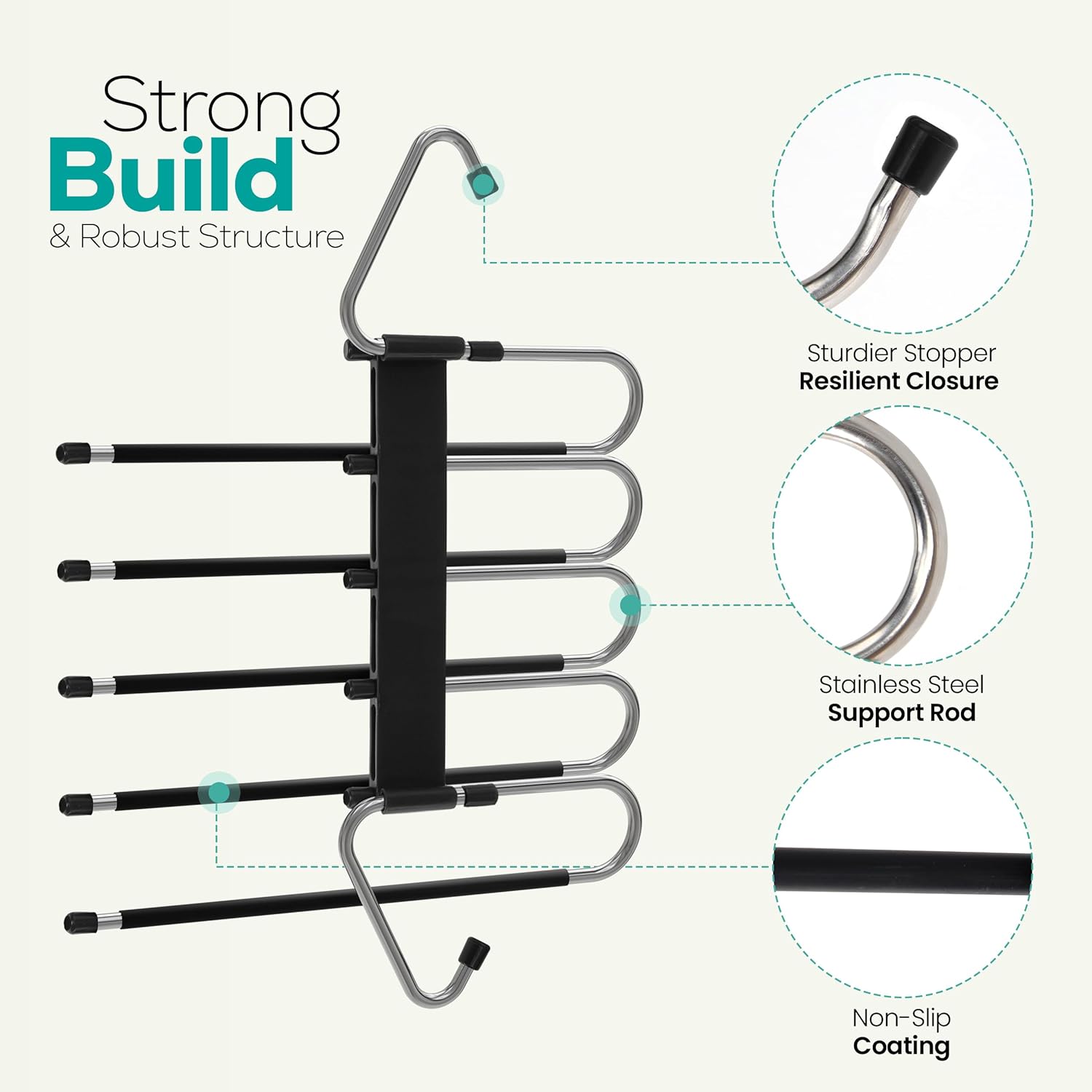 2 Pack Pants Hangers Space Saving - Clothes Hanger with Stainless Steel Hook & Anti-Slip Design - Closet Organizer for Jeans, Trousers, Skirts, Scarf & Slacks (Black) - Image 6