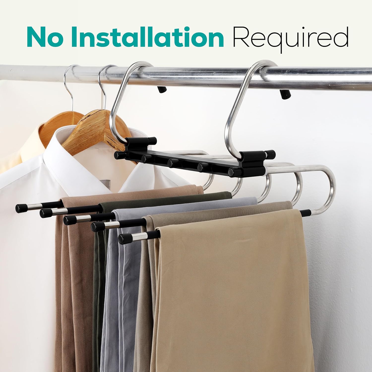 2 Pack Pants Hangers Space Saving - Clothes Hanger with Stainless Steel Hook & Anti-Slip Design - Closet Organizer for Jeans, Trousers, Skirts, Scarf & Slacks (Black) - Image 7