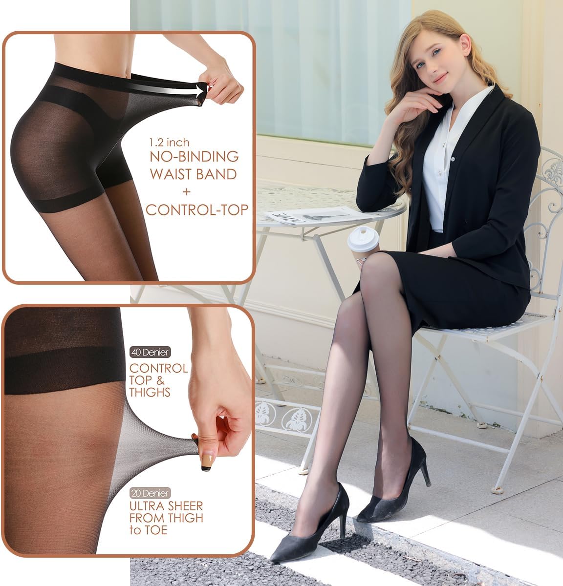 3 Pairs Women's Sheer Tights - 20D Control Top Pantyhose with Reinforced Toes - Image 2