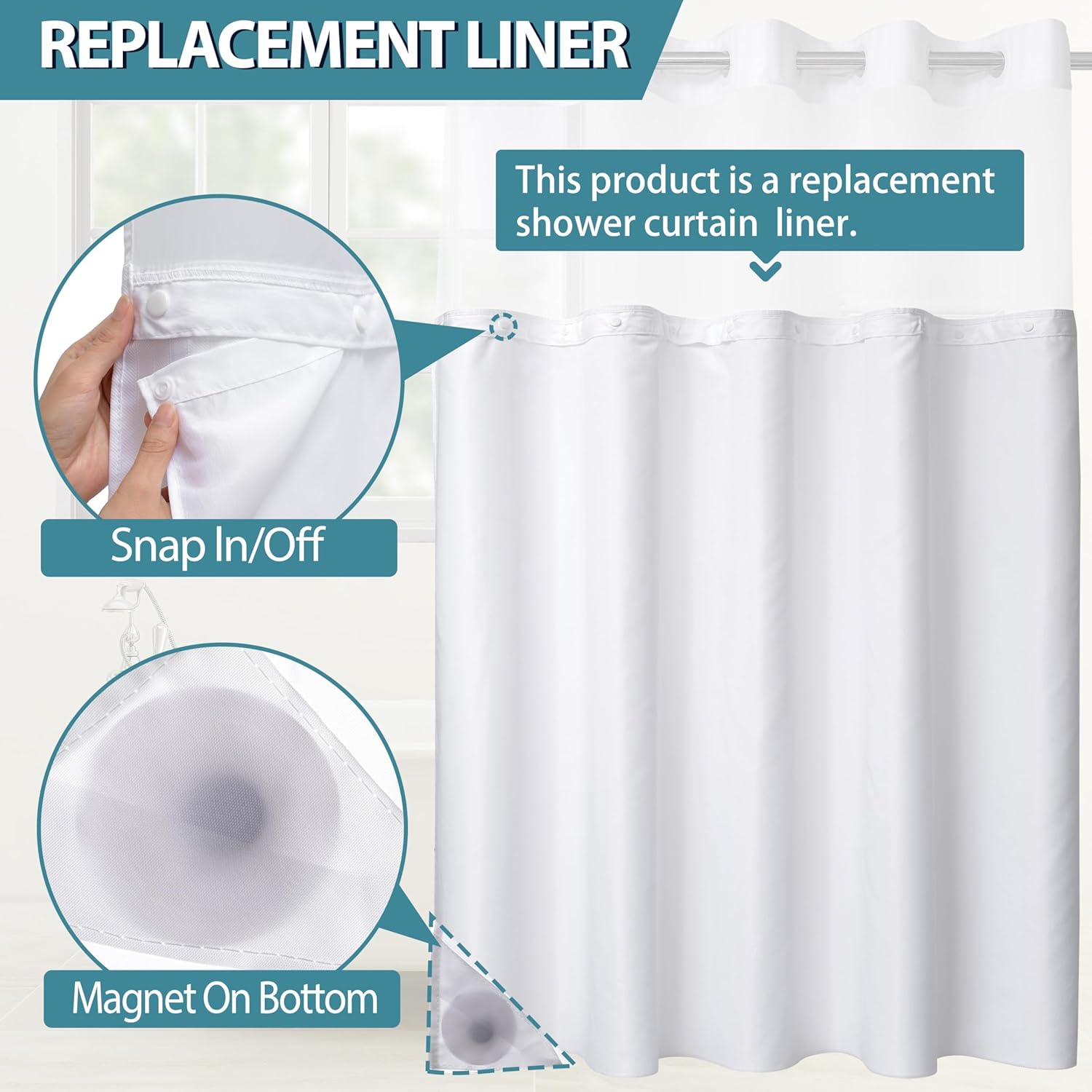 Snap in Shower Curtain Liner Replacement Shower Curtain Liner Removable Liner (1 Pack, 70