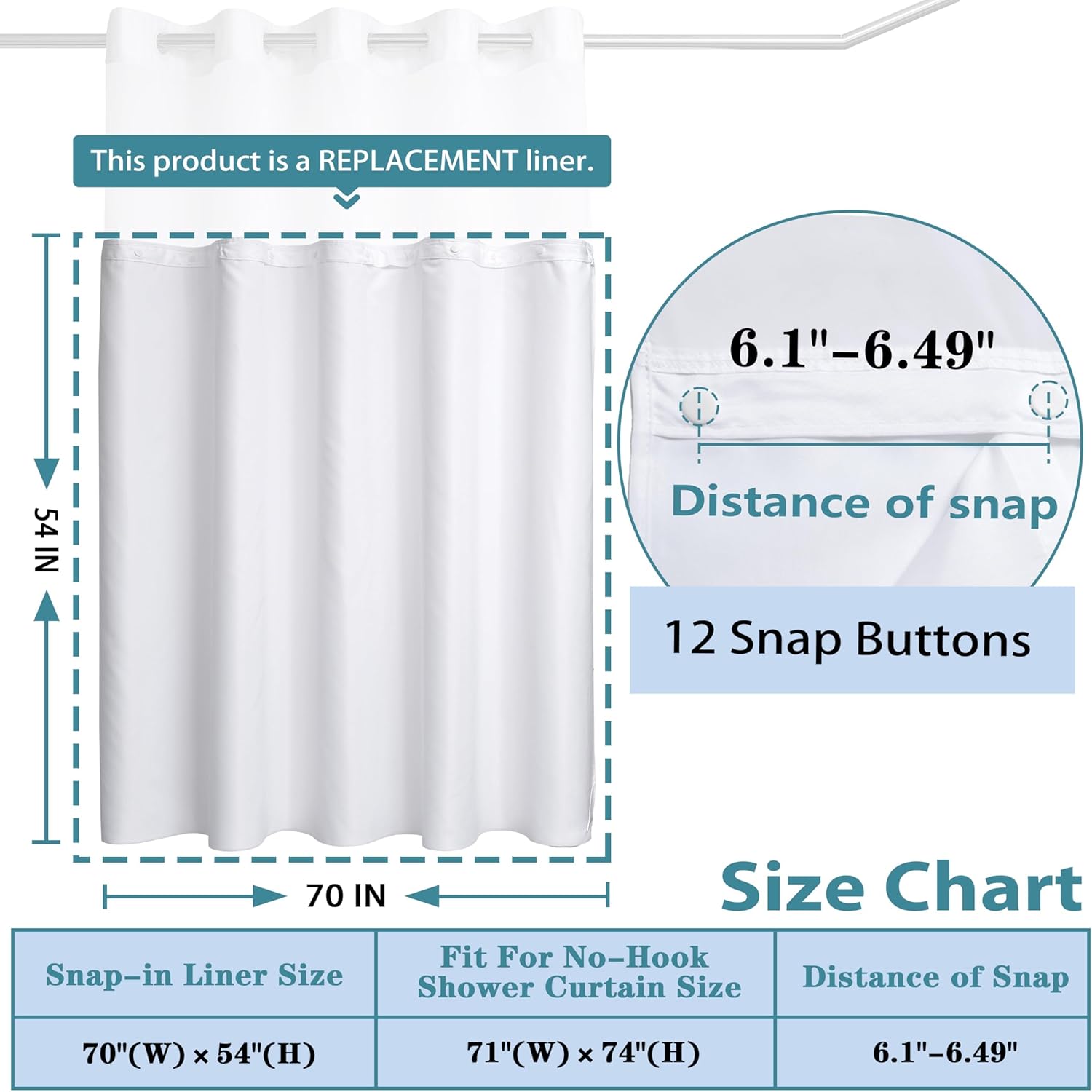 Snap in Shower Curtain Liner Replacement Shower Curtain Liner Removable Liner (1 Pack, 70