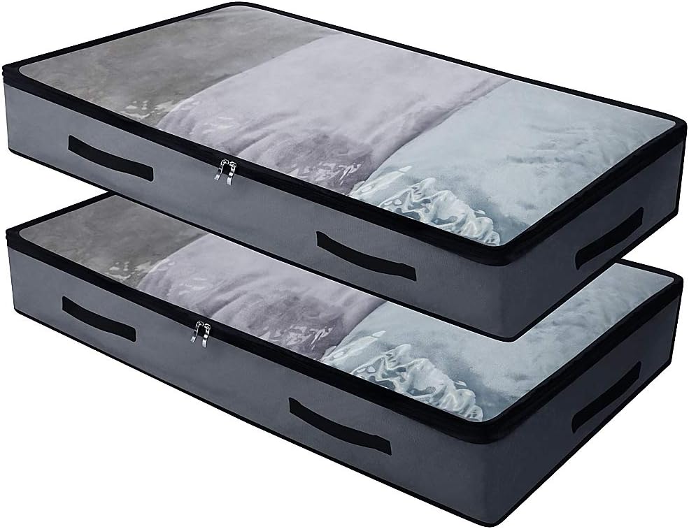 2 Pack Soft Underbed Storage Containers with 4 Handles & Transparent Lid for Easy find,Durable Material, Foldable, Dark Gray - Image 1