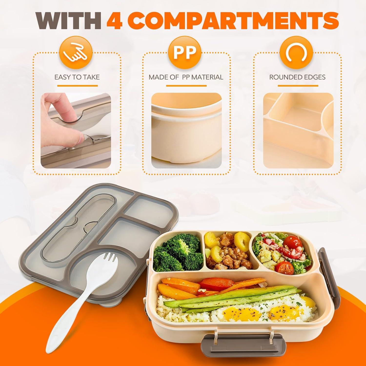 Bento Box Adult Lunch Box with 4-Compartment Leakproof Lunch Containers Microwave and Dishwasher Safe Bento Box with Spoon - Image 3