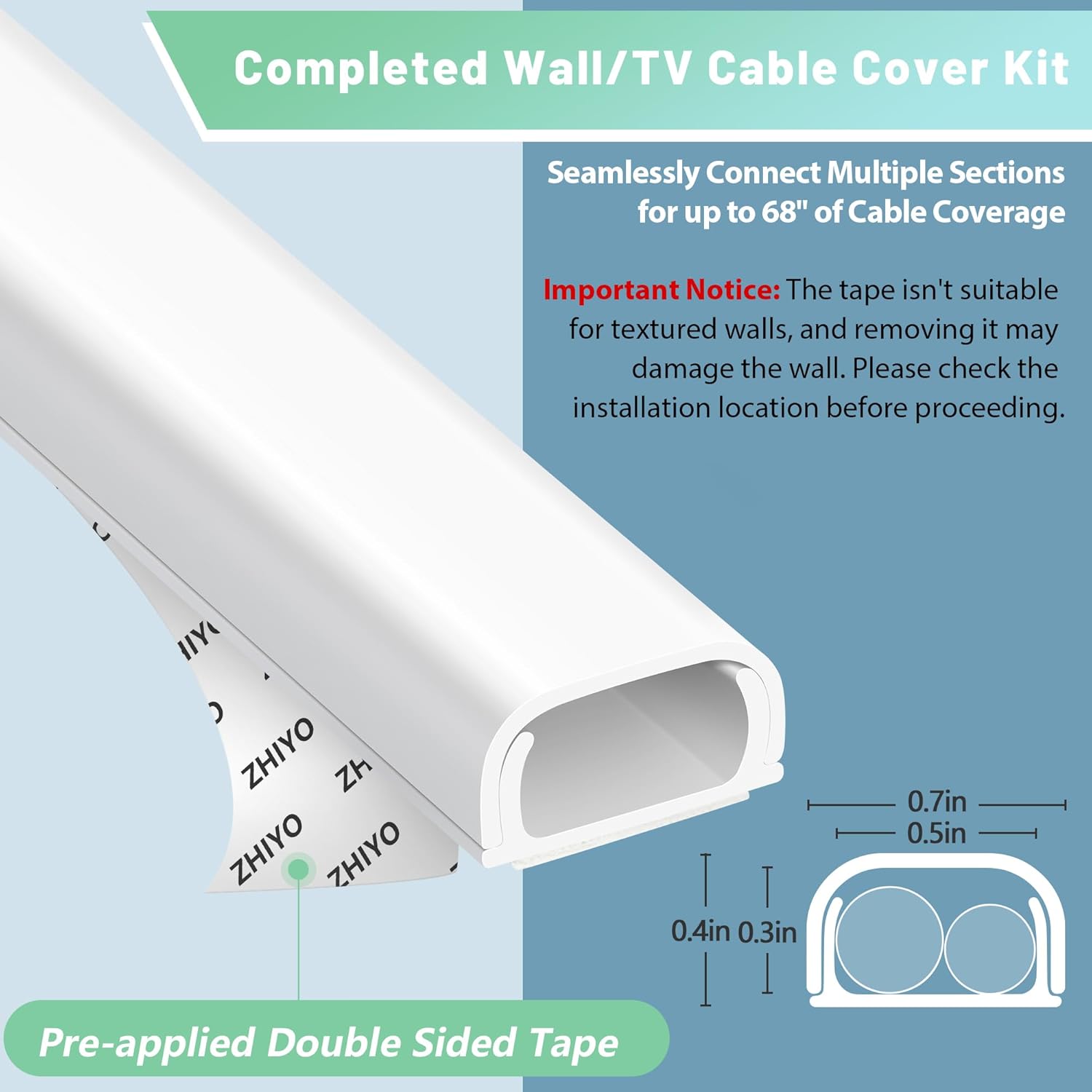 Wire Covers for 2 Cords, Wire Hider On Wall Mounted, White Cord Cover Kit, Cable Cover Paintable, Cable Concealer for Extension Cord, Ethernet Cable, Speaker Wires Hider, W0.7in H0.4in - Image 4
