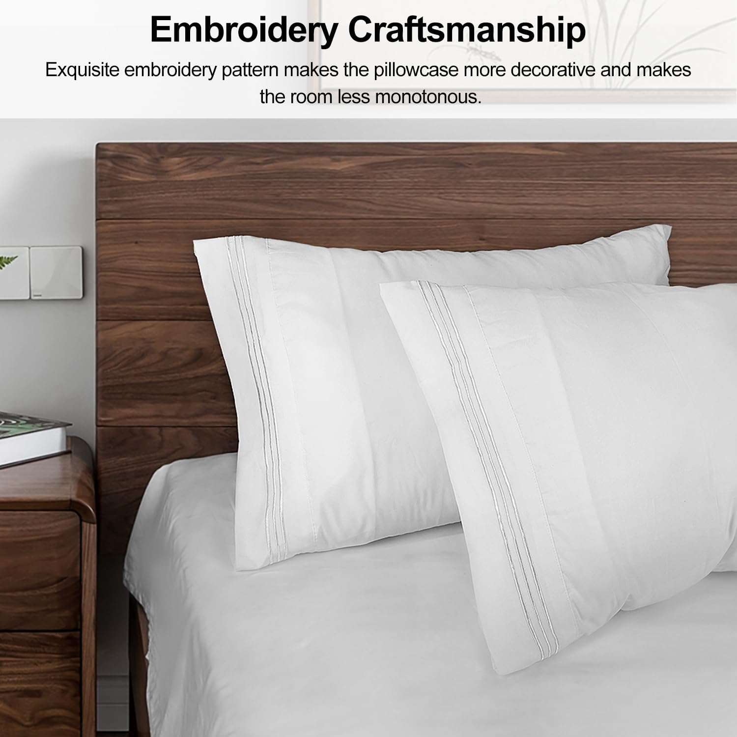 King Pillow Cases 2 Pack,1800 Thread Count Embroidered Soft Brushed Microfiber Pillowcases,White - Image 2
