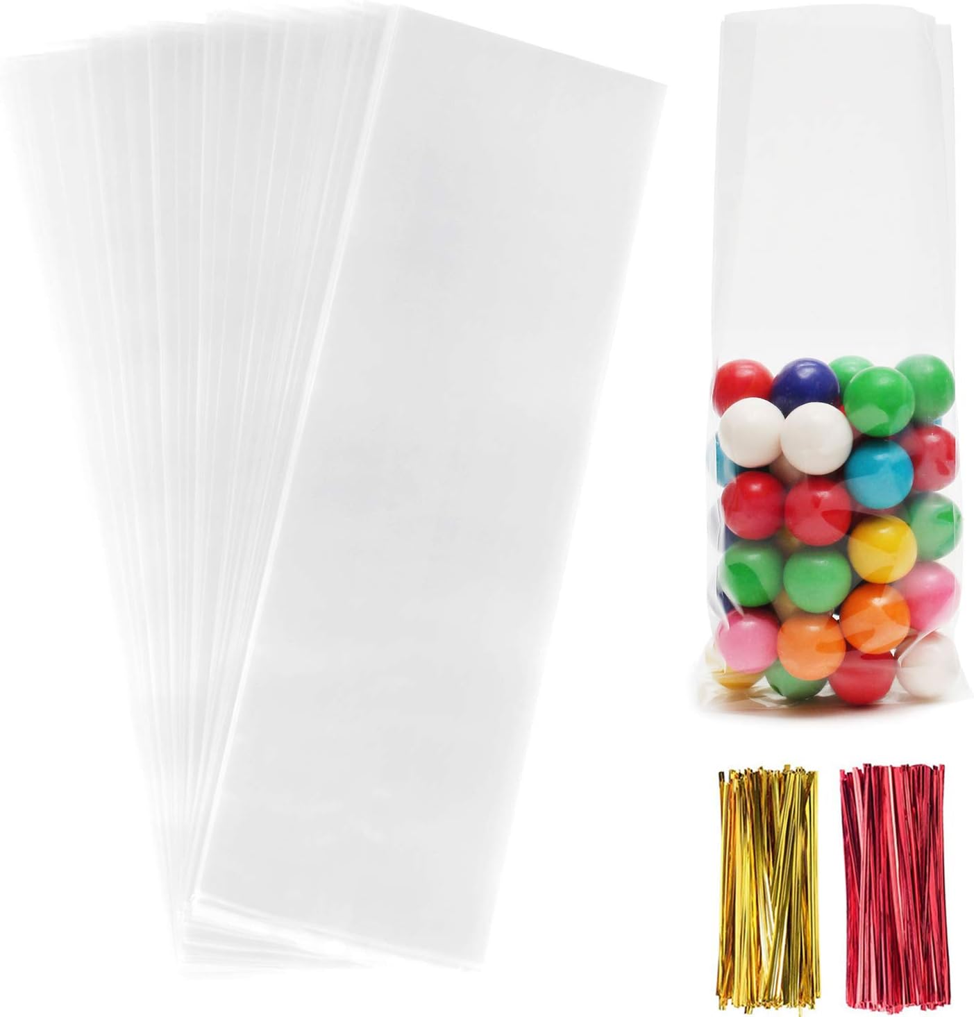 Cellophane Treat Bags,200 Pcs 3x11 Inches Clear Pretzel Bags,Cello Bags with Twist Ties for Packaging Candies,Cookies - Image 1
