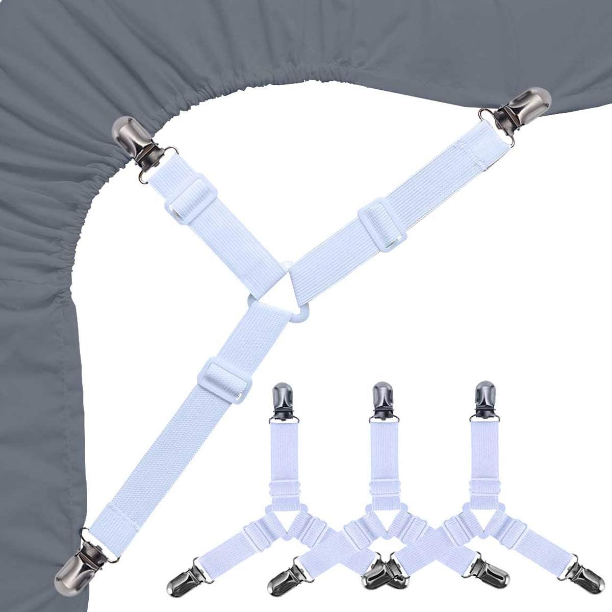Bed Sheet Holders Straps Fasteners - 4 Pcs Triangle Sheet Fasteners Fitted Flat Sheet Corner Holder Elastic Adjustable Bed Band Sheet Holders Clip Suspenders Grippers White - Image 1