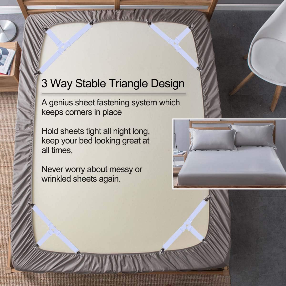 Bed Sheet Holders Straps Fasteners - 4 Pcs Triangle Sheet Fasteners Fitted Flat Sheet Corner Holder Elastic Adjustable Bed Band Sheet Holders Clip Suspenders Grippers White - Image 2