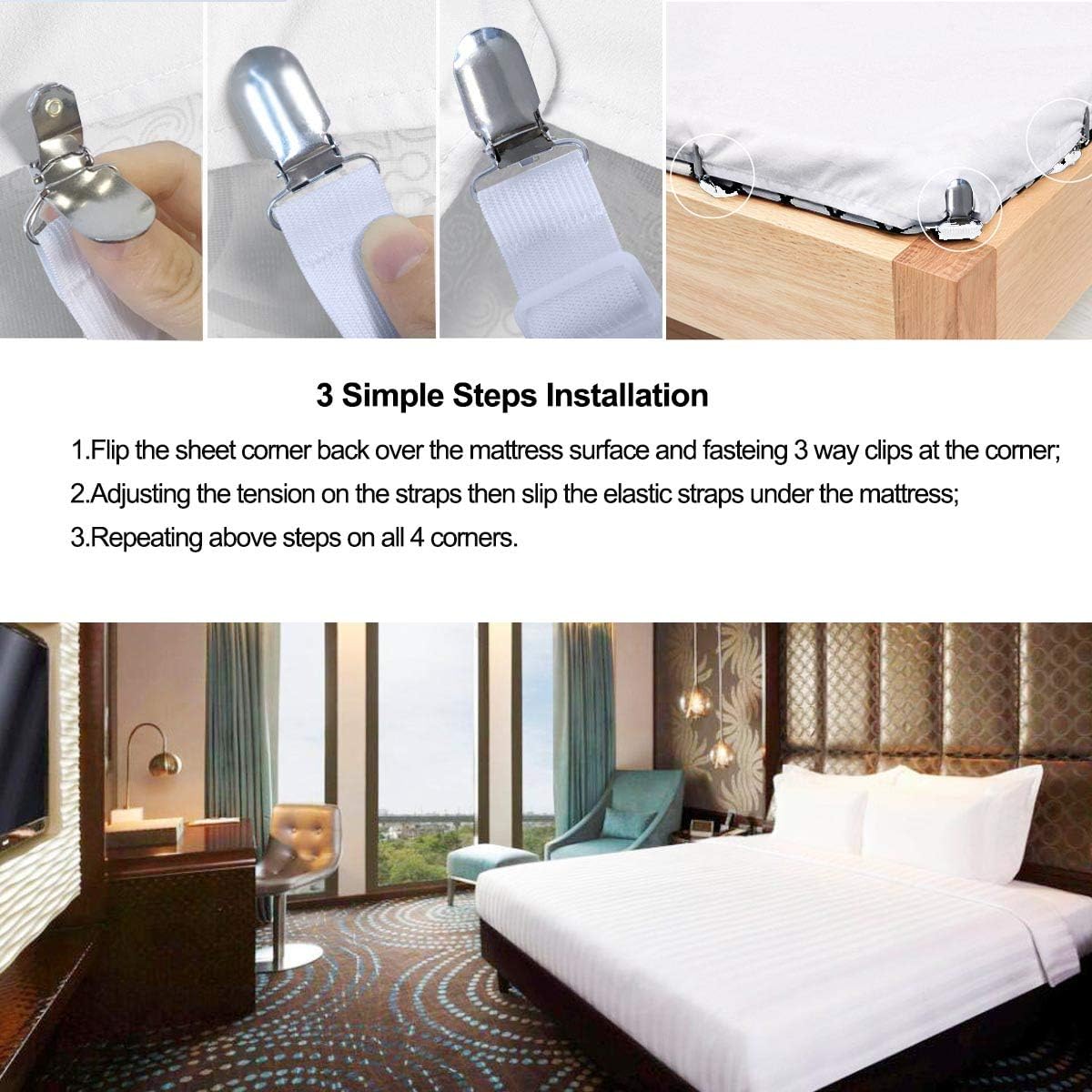 Bed Sheet Holders Straps Fasteners - 4 Pcs Triangle Sheet Fasteners Fitted Flat Sheet Corner Holder Elastic Adjustable Bed Band Sheet Holders Clip Suspenders Grippers White - Image 6