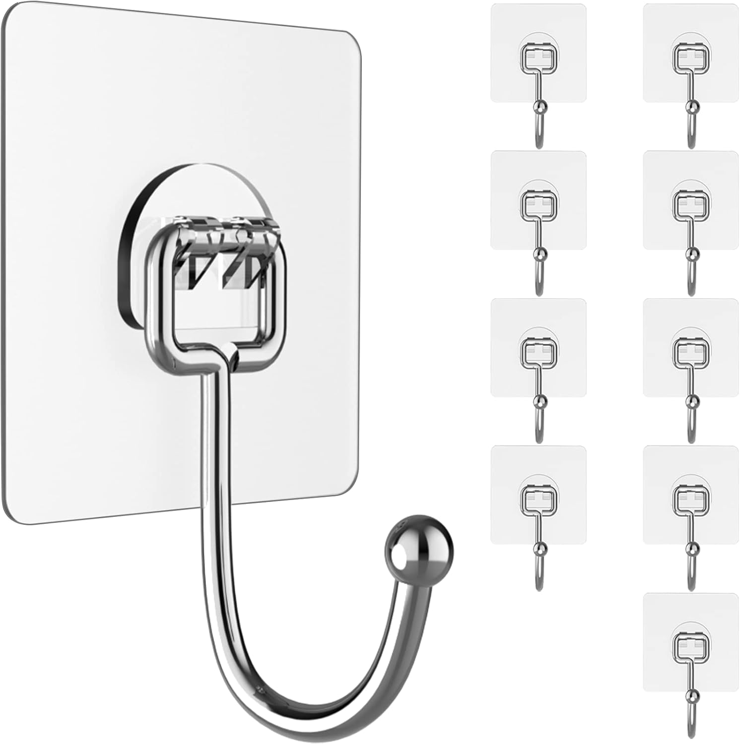 Large Adhesive Hooks for Hanging Heavy-Duty 44Ib(Max) 10 Packs, Wall Hooks Without Nails Self-Adhesive Traceless Clear and Removable, Waterproof and Rustproof Multiple Uses Bathroom Kitchen Home - Image 1