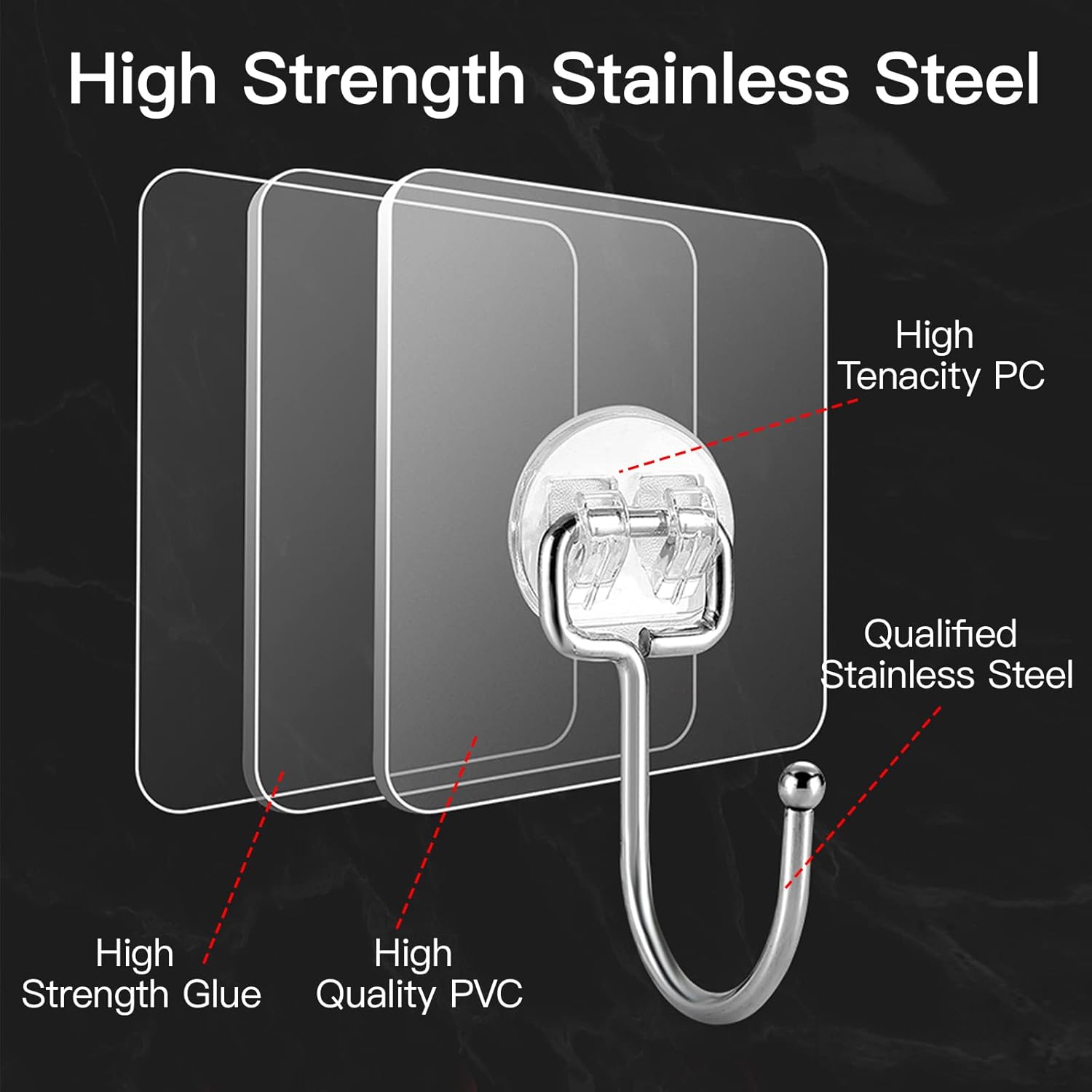Large Adhesive Hooks for Hanging Heavy-Duty 44Ib(Max) 10 Packs, Wall Hooks Without Nails Self-Adhesive Traceless Clear and Removable, Waterproof and Rustproof Multiple Uses Bathroom Kitchen Home - Image 4