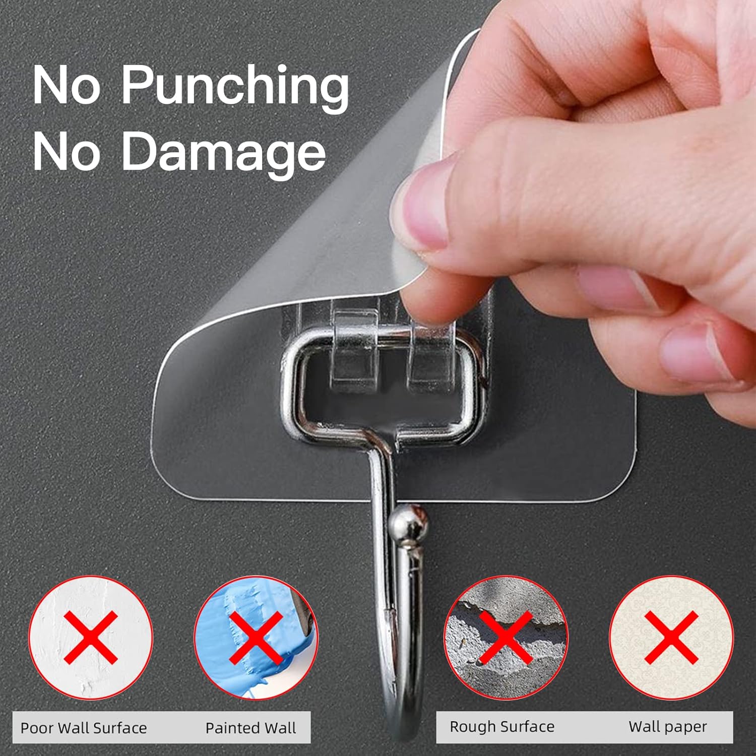 Large Adhesive Hooks for Hanging Heavy-Duty 44Ib(Max) 10 Packs, Wall Hooks Without Nails Self-Adhesive Traceless Clear and Removable, Waterproof and Rustproof Multiple Uses Bathroom Kitchen Home - Image 6