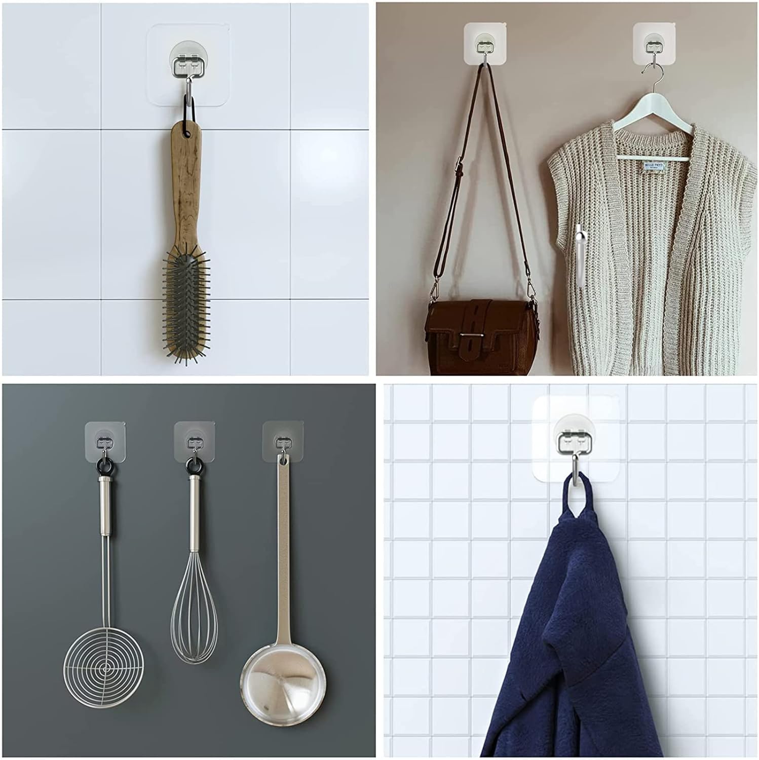 Large Adhesive Hooks for Hanging Heavy-Duty 44Ib(Max) 10 Packs, Wall Hooks Without Nails Self-Adhesive Traceless Clear and Removable, Waterproof and Rustproof Multiple Uses Bathroom Kitchen Home - Image 7