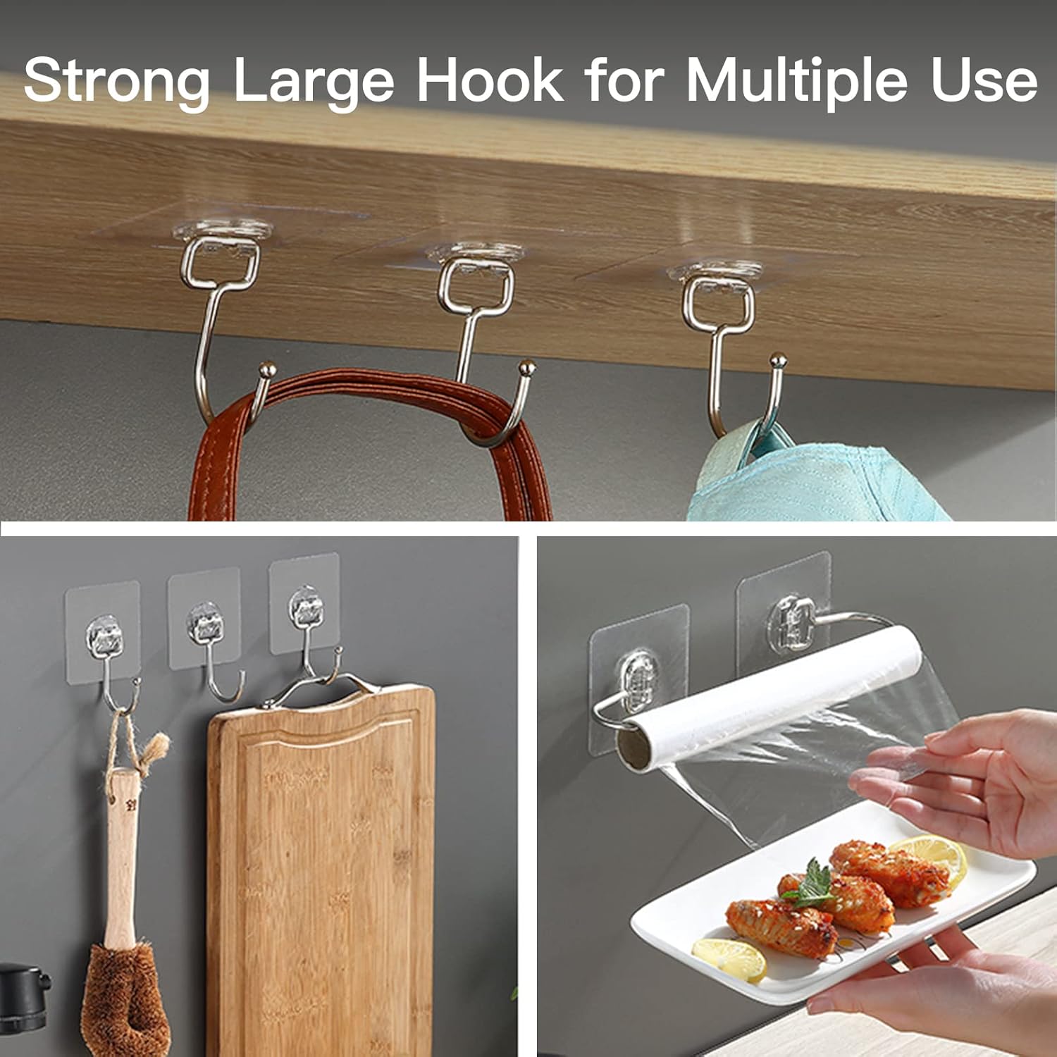 Large Adhesive Hooks for Hanging Heavy-Duty 44Ib(Max) 10 Packs, Wall Hooks Without Nails Self-Adhesive Traceless Clear and Removable, Waterproof and Rustproof Multiple Uses Bathroom Kitchen Home - Image 8