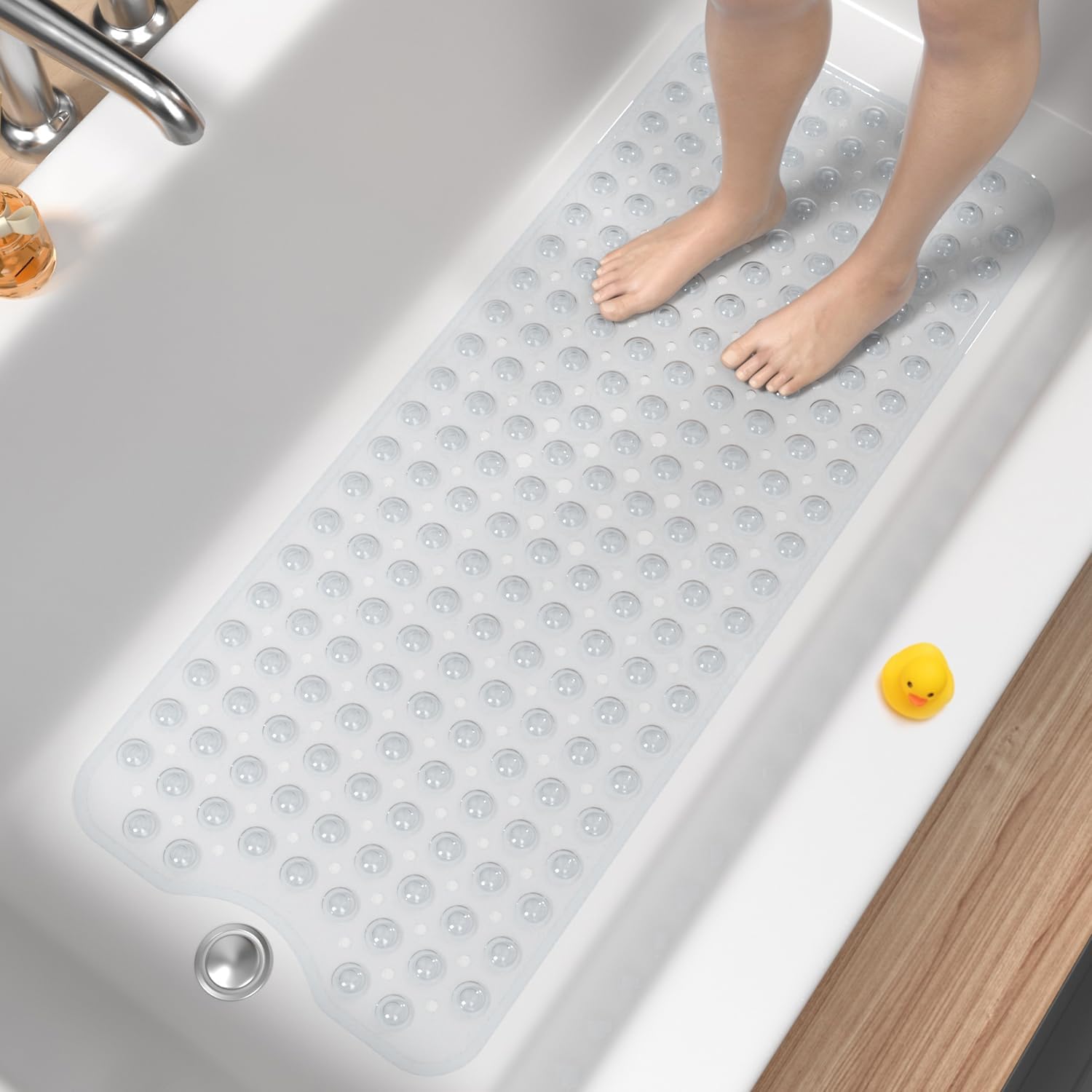 Bath Mat for Tub, Non Slip Bathtub Mat, 101x40cm Extra Long Bath Tub Mat, Machine Washable Bathroom Shower Mat with Suction Cups and Drain Holes, Soft on Feet, Clear - Image 1