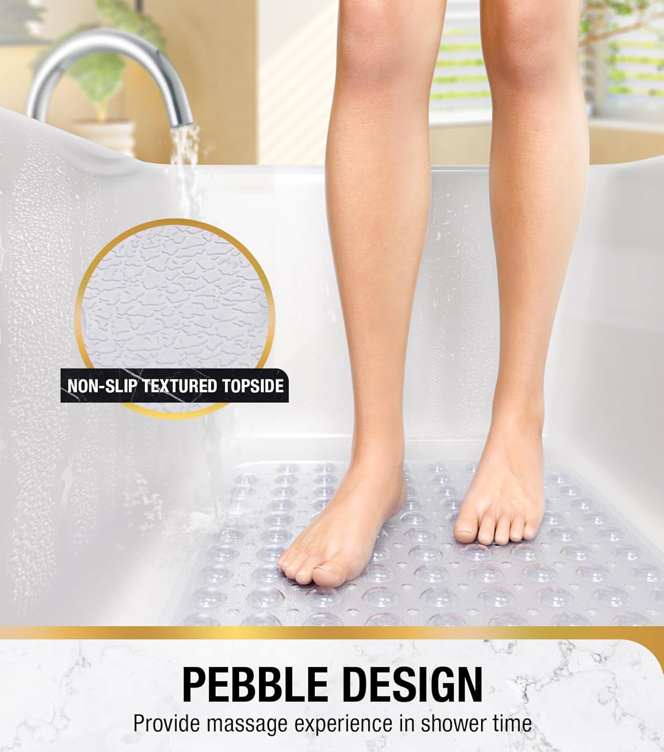 Bath Mat for Tub, Non Slip Bathtub Mat, 101x40cm Extra Long Bath Tub Mat, Machine Washable Bathroom Shower Mat with Suction Cups and Drain Holes, Soft on Feet, Clear - Image 3